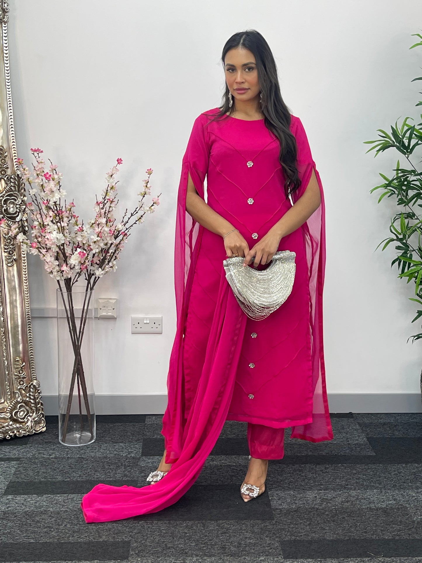 Hot Pink - Floor Length Sleeves - Chiffon Outfit - T