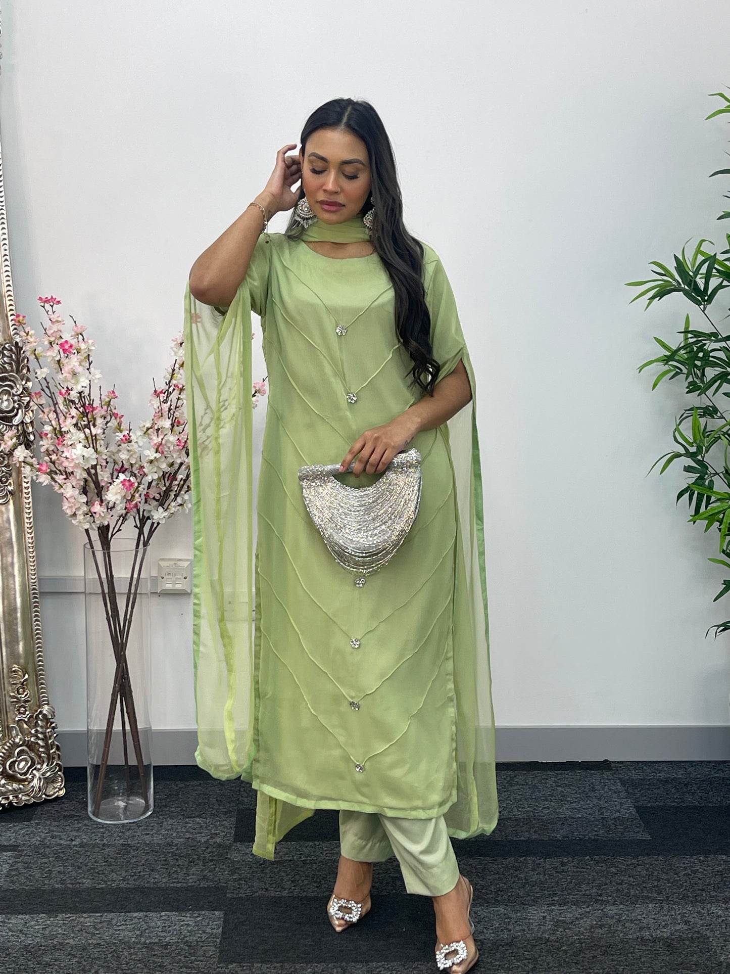 Green - Floor Length Sleeves - Chiffon Outfit - T