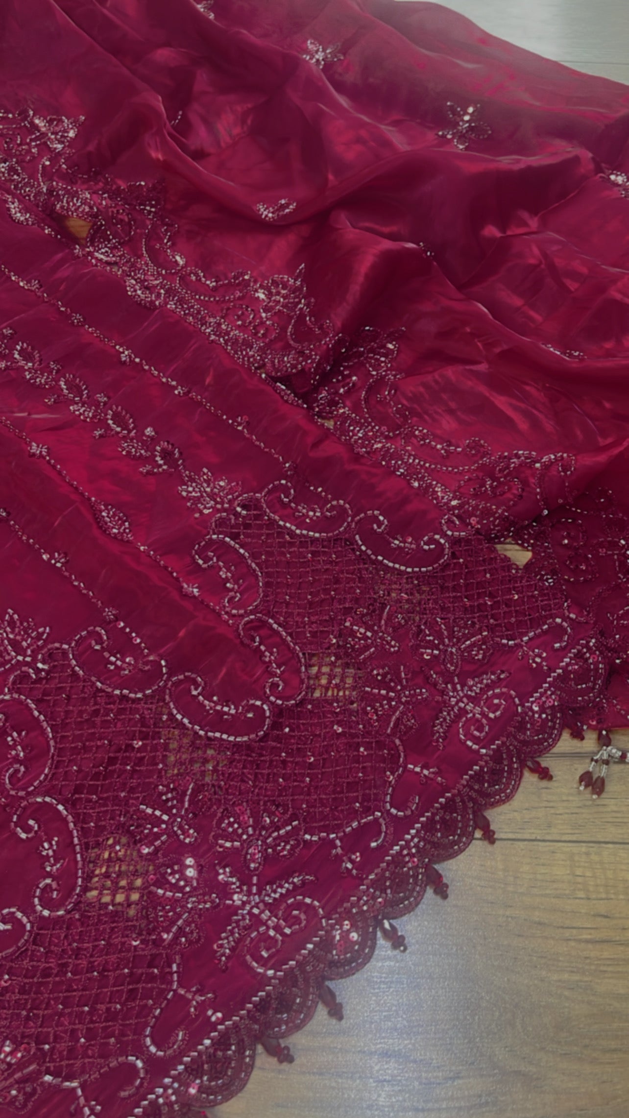 Tara - Korean Silk Cut Dana - Party Wear - CutWork - Maroon - taara