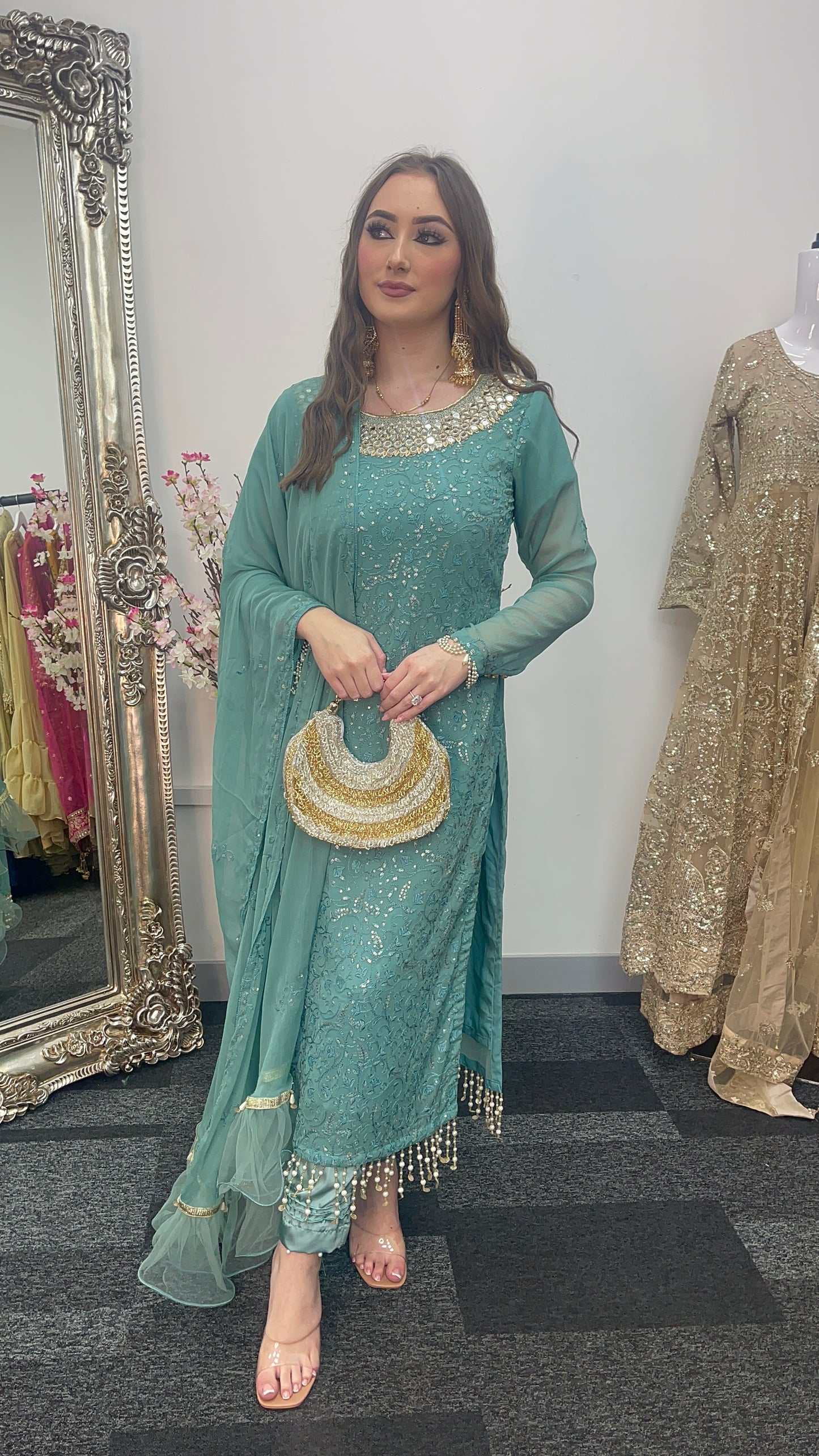 Chamkeeli -  Hand Work - Chiffon Party Wear - Egg Duck Blue