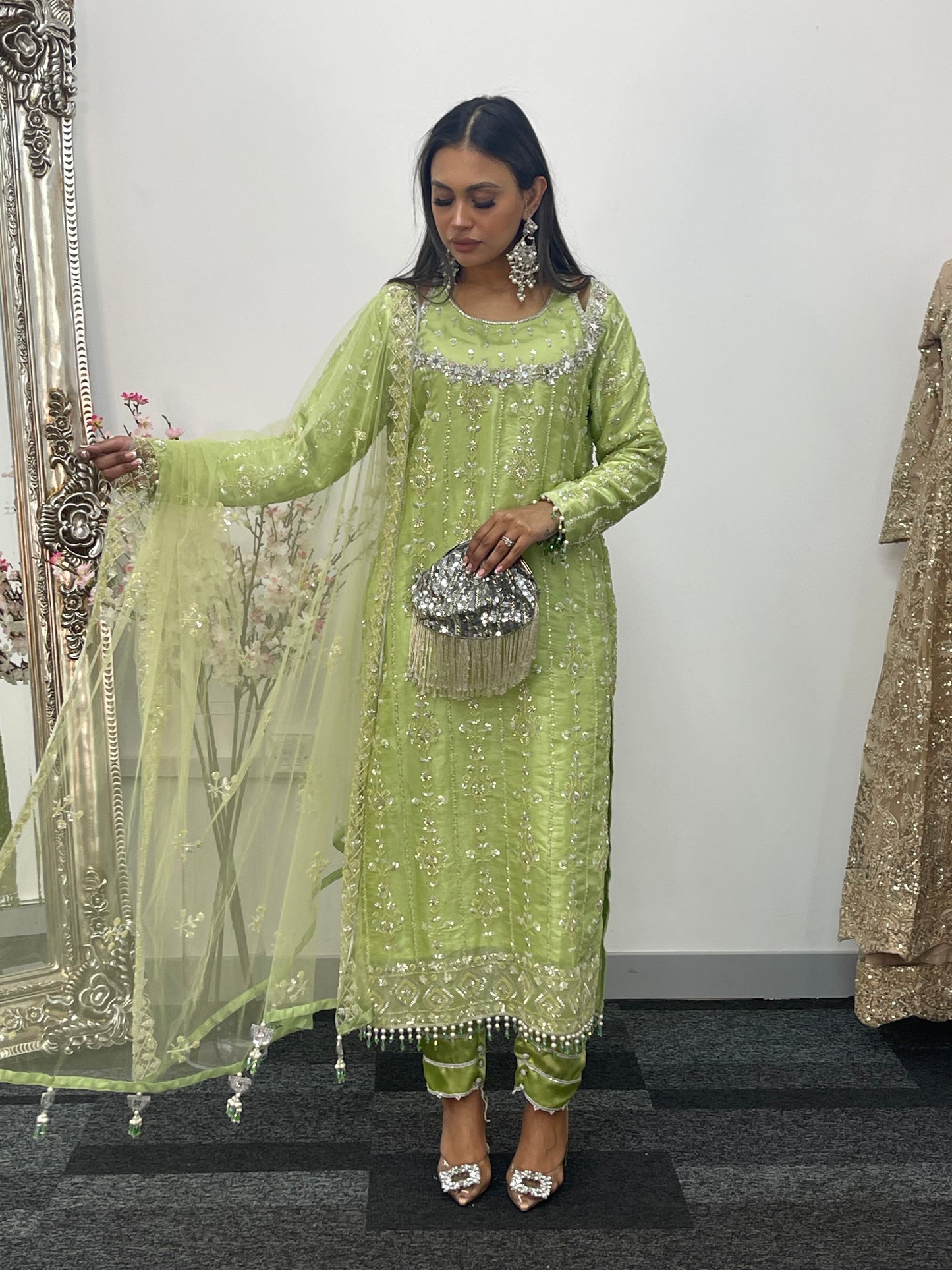 Ronaq- Korean Silk Cut Dana - Party Wear - Mint Green