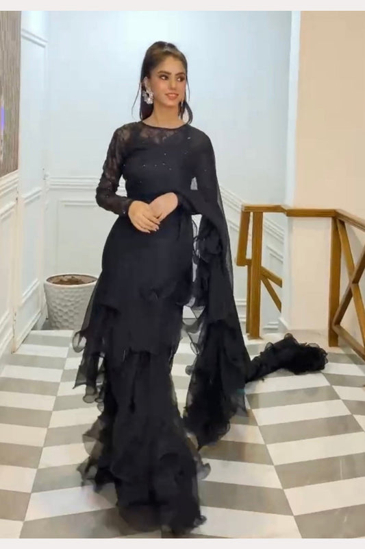 (Preorder 4  Weeks) Ruffled Sequin saree - Black Sari -