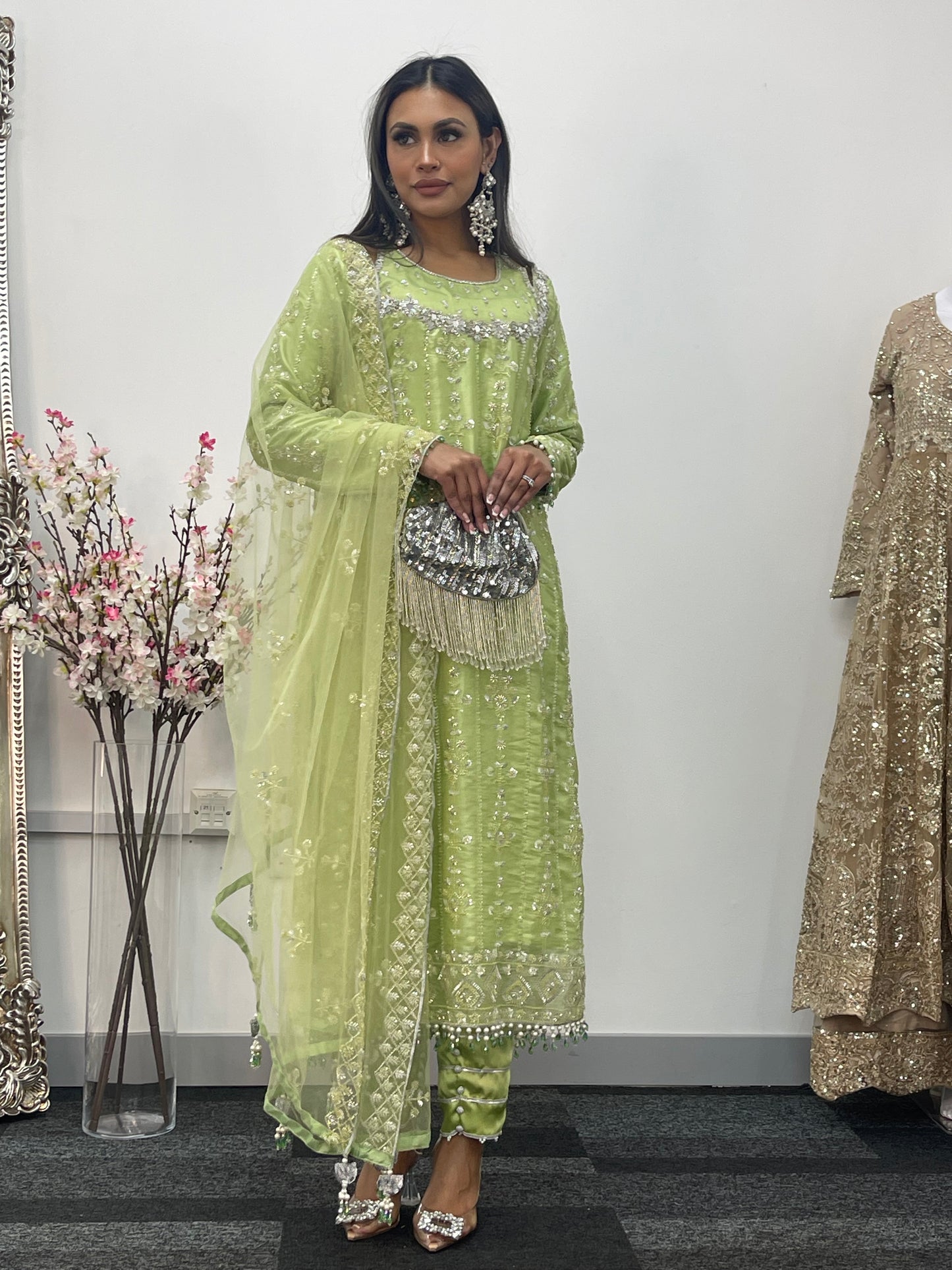 Ronaq- Korean Silk Cut Dana - Party Wear - Mint Green