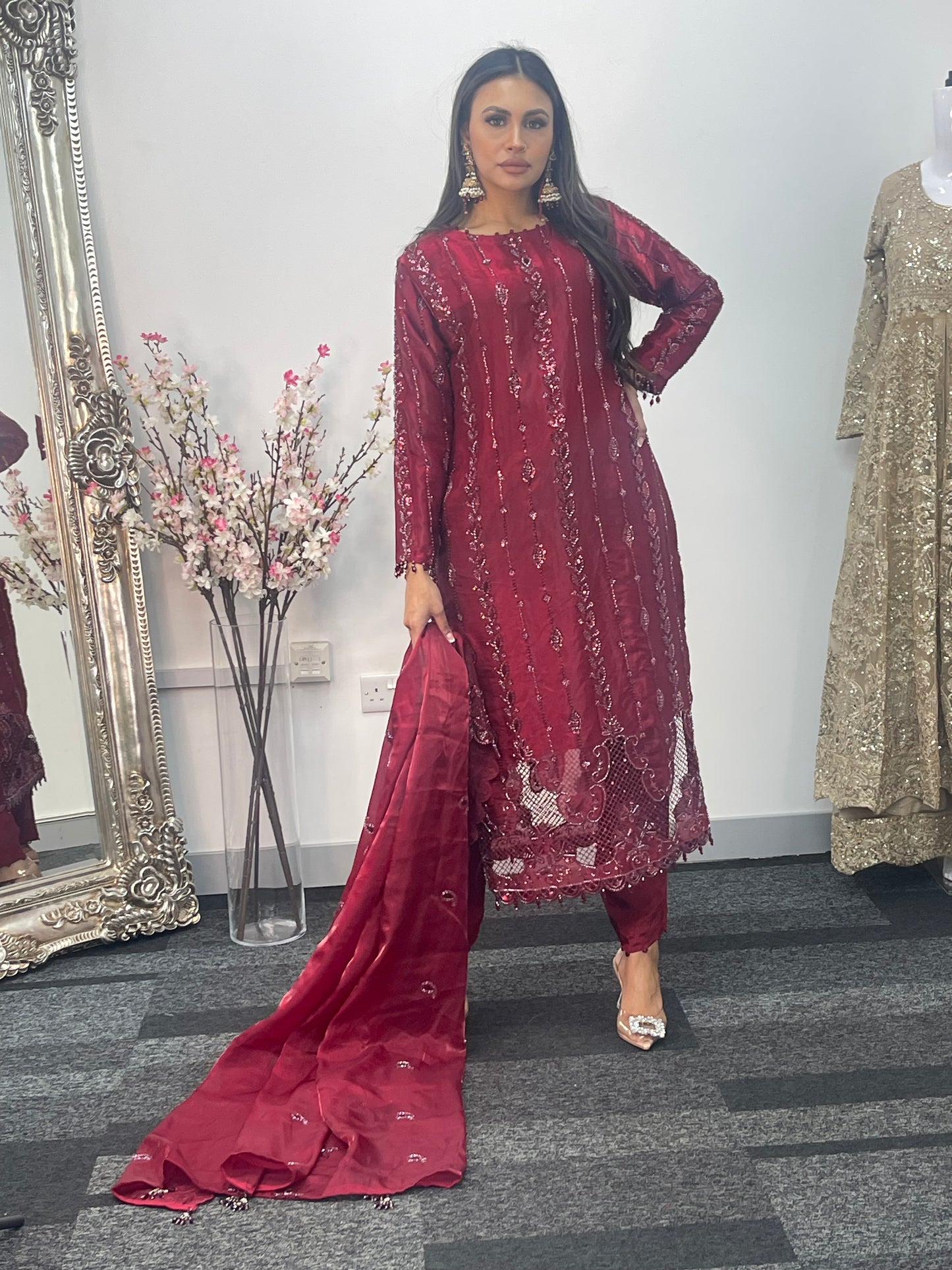 Tara - Korean Silk Cut Dana - Party Wear - CutWork - Maroon - taara