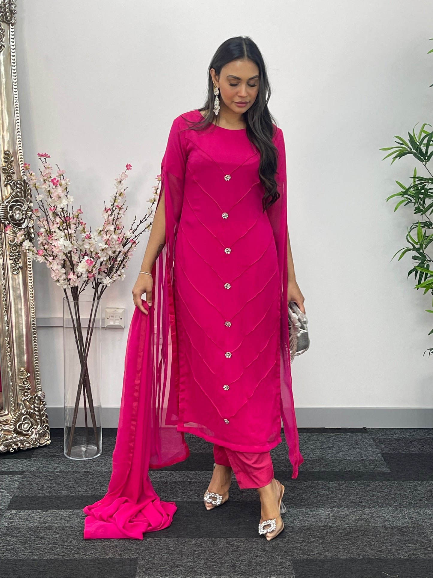 Hot Pink - Floor Length Sleeves - Chiffon Outfit - T