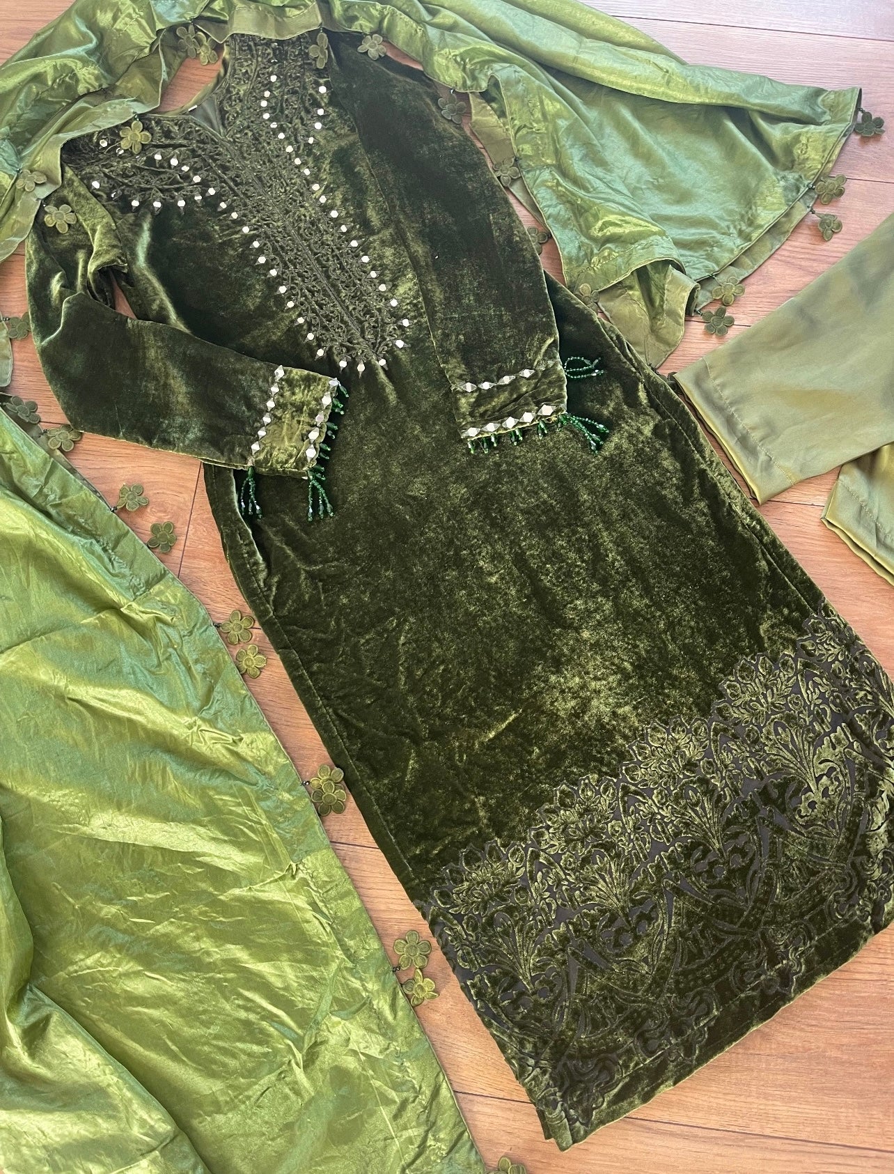 Olivia - Sheesha X Velvet Olive Green Plachi Daman with silk dupatta winter