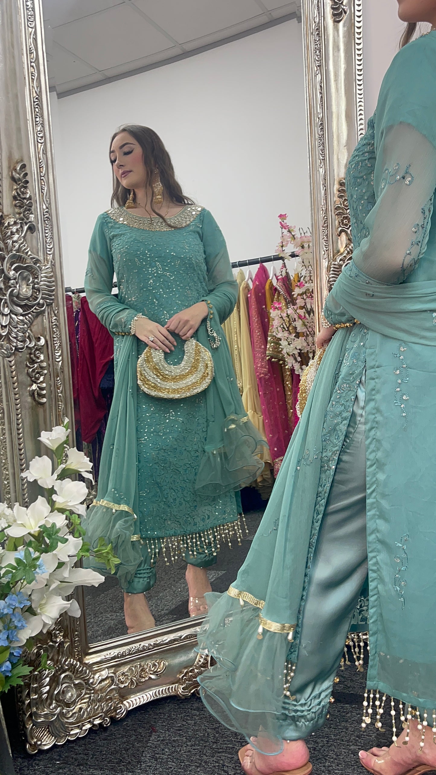 Chamkeeli -  Hand Work - Chiffon Party Wear - Egg Duck Blue