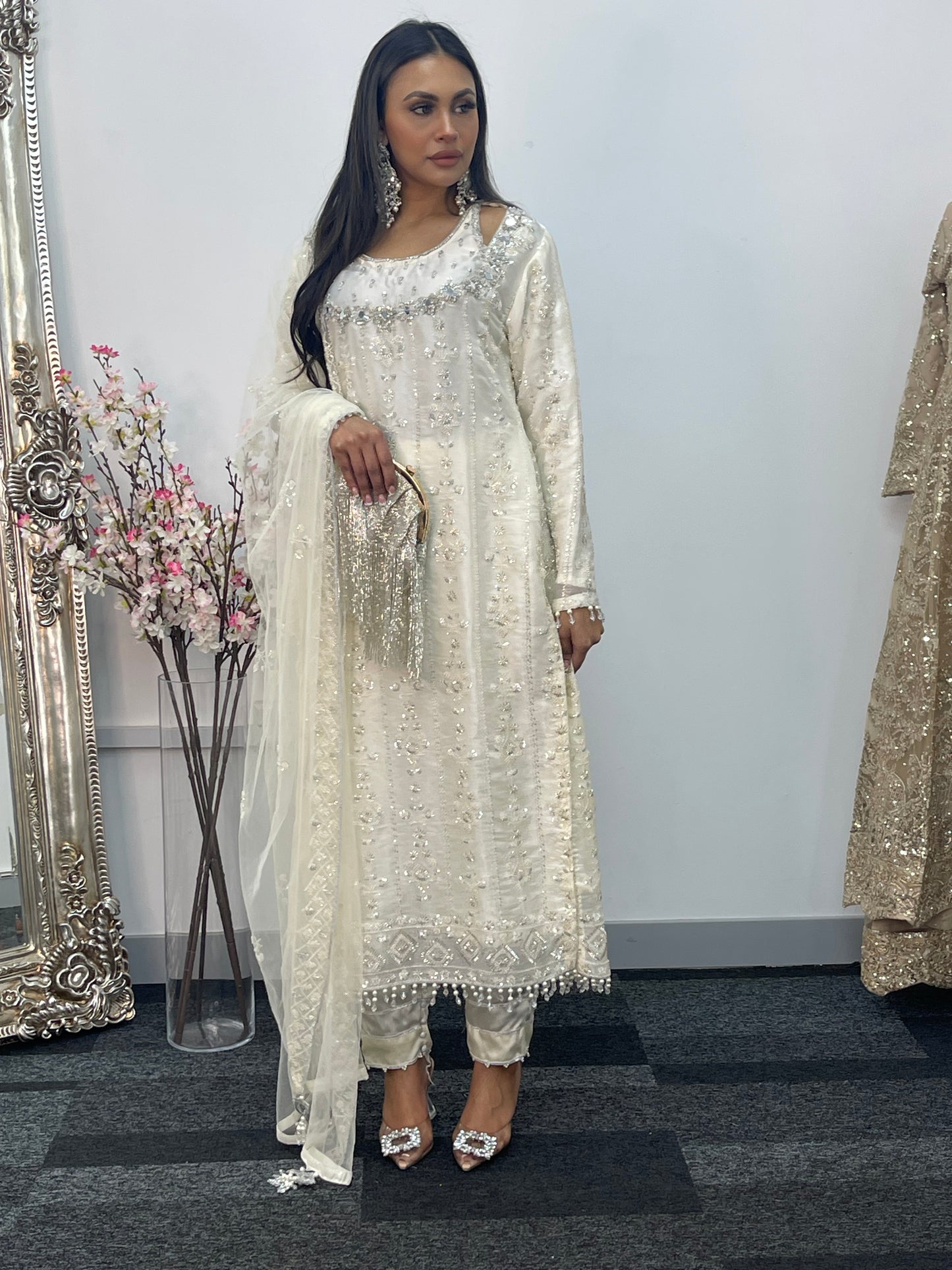 Ronaq- Korean Silk Cut Dana - Party Wear - White - Ivory -