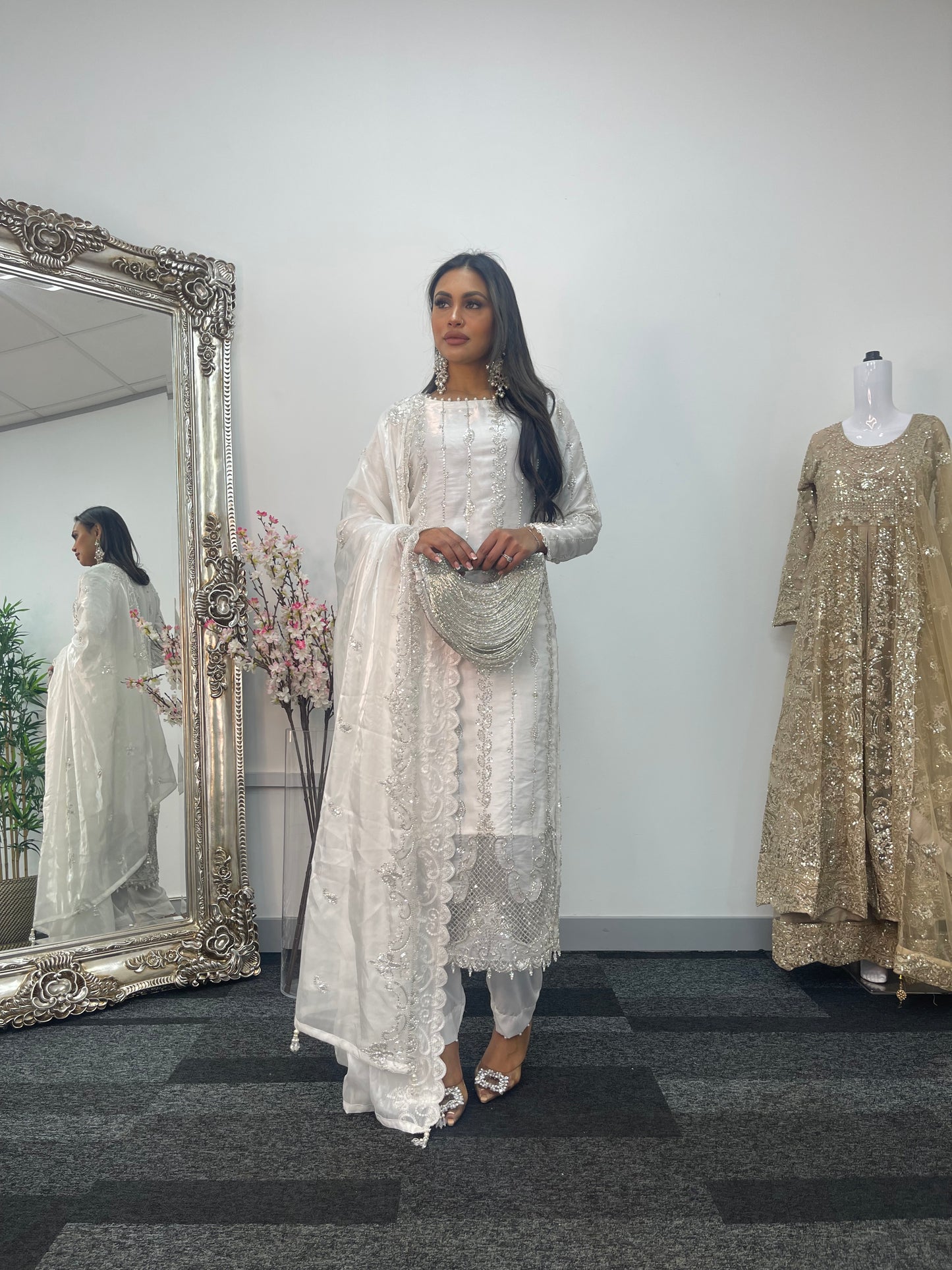 Tara - Korean Silk Cut Dana - Party Wear - CutWork - White - taara -