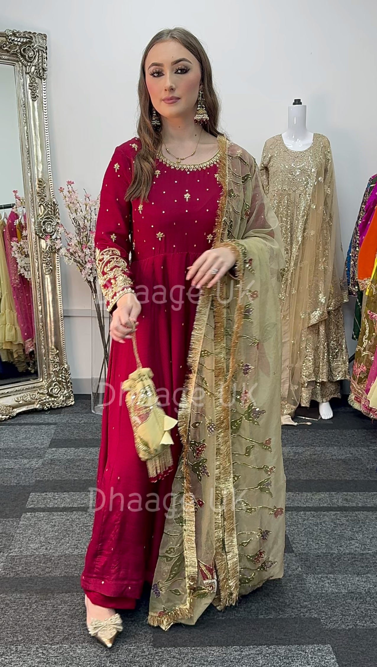 (Pre Order 3/4 Weeks) “GUL BANO” - Hand Painted Dupatta with Hand Work -Anarkali - Maroon Gold - Noor