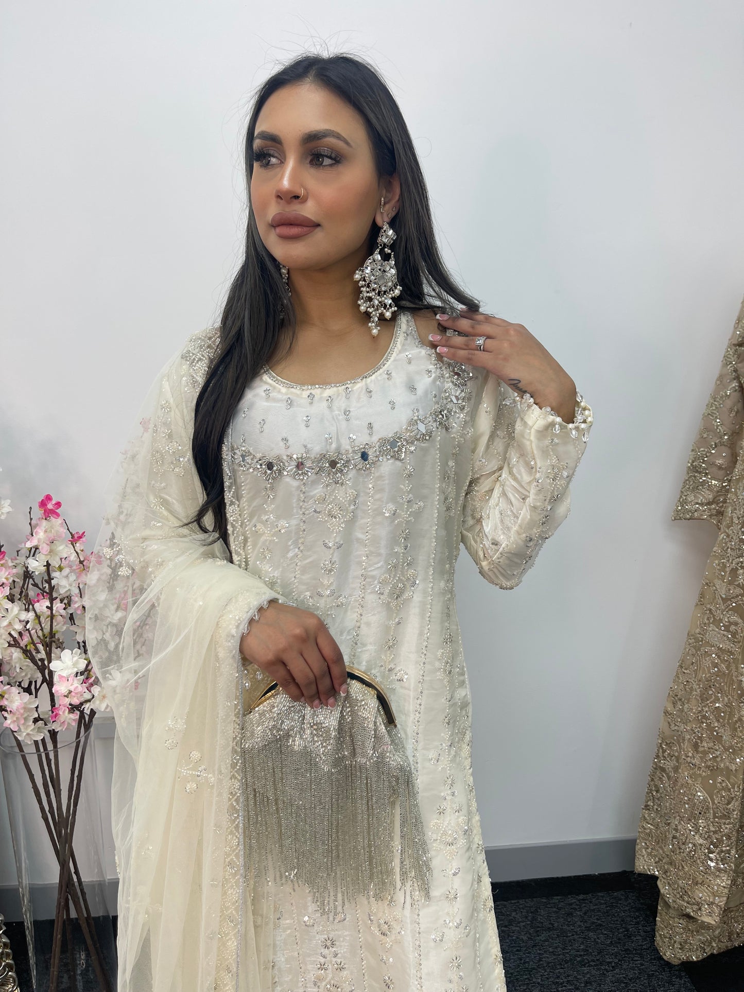 Ronaq- Korean Silk Cut Dana - Party Wear - White - Ivory -