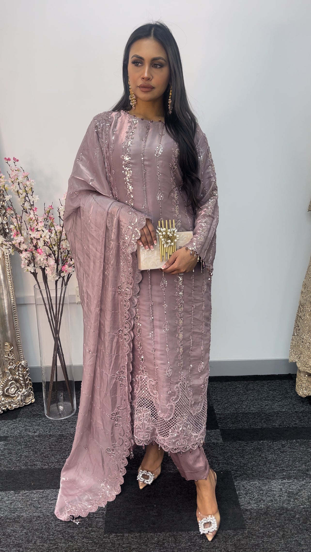 Tara - Korean Silk Cut Dana - Party Wear - CutWork - Pink - taara