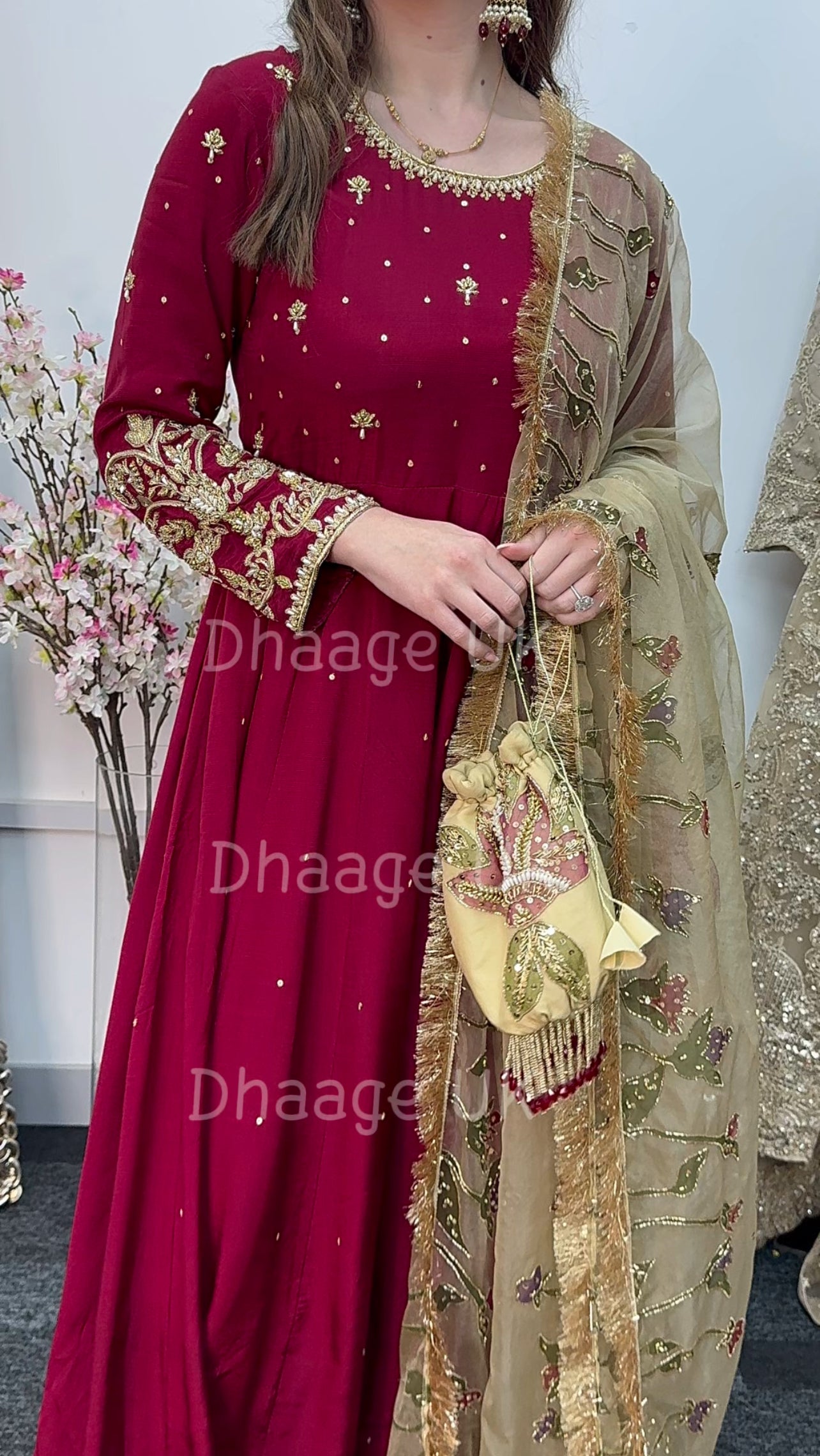 (Pre Order 3/4 Weeks) “GUL BANO” - Hand Painted Dupatta with Hand Work -Anarkali - Maroon Gold - Noor