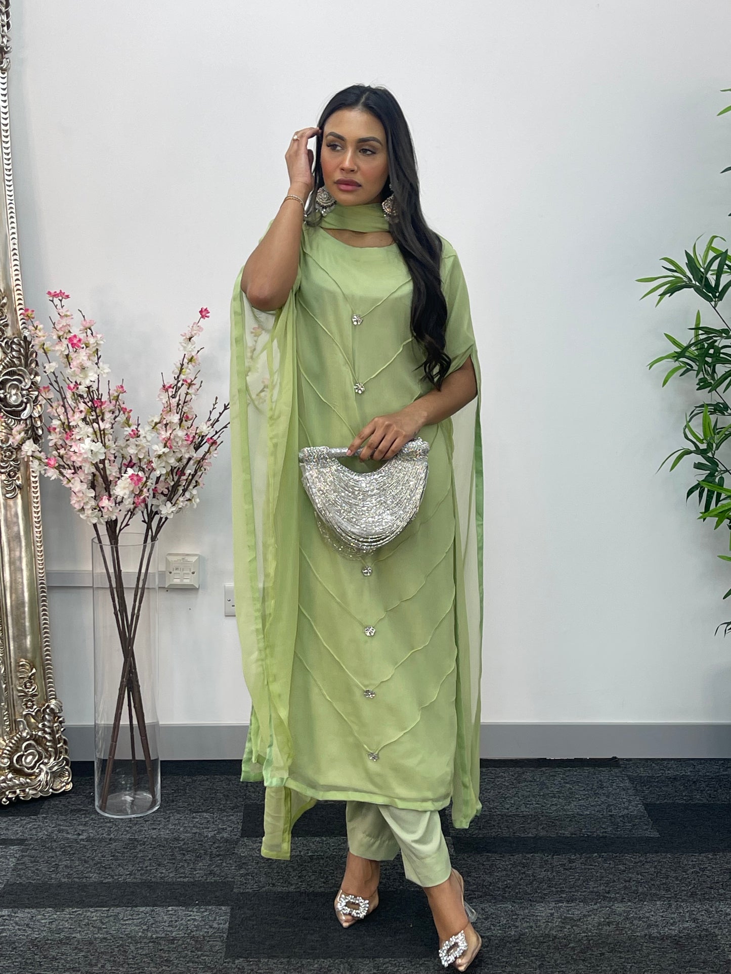 Green - Floor Length Sleeves - Chiffon Outfit - T