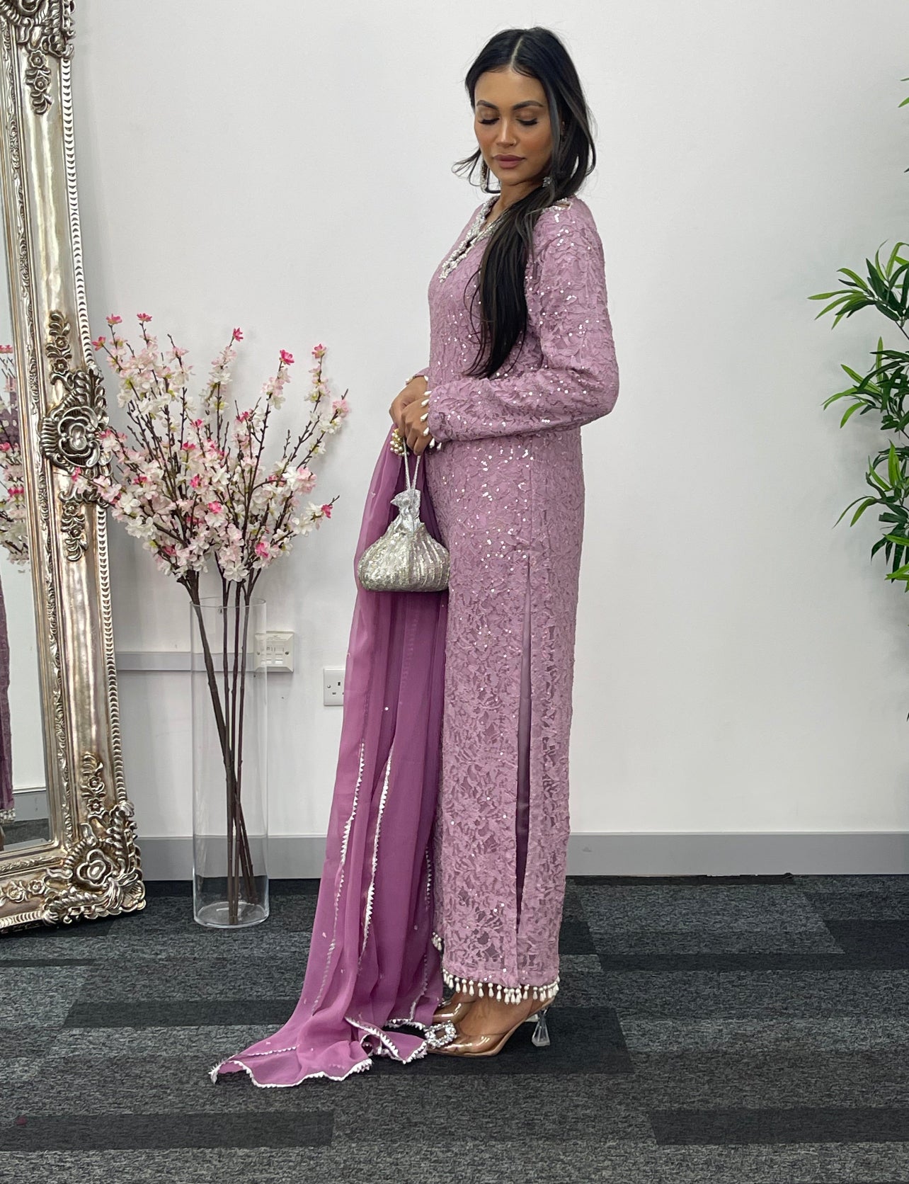 Chantilly Pink - Silver Party Wear - Sequined Net - V