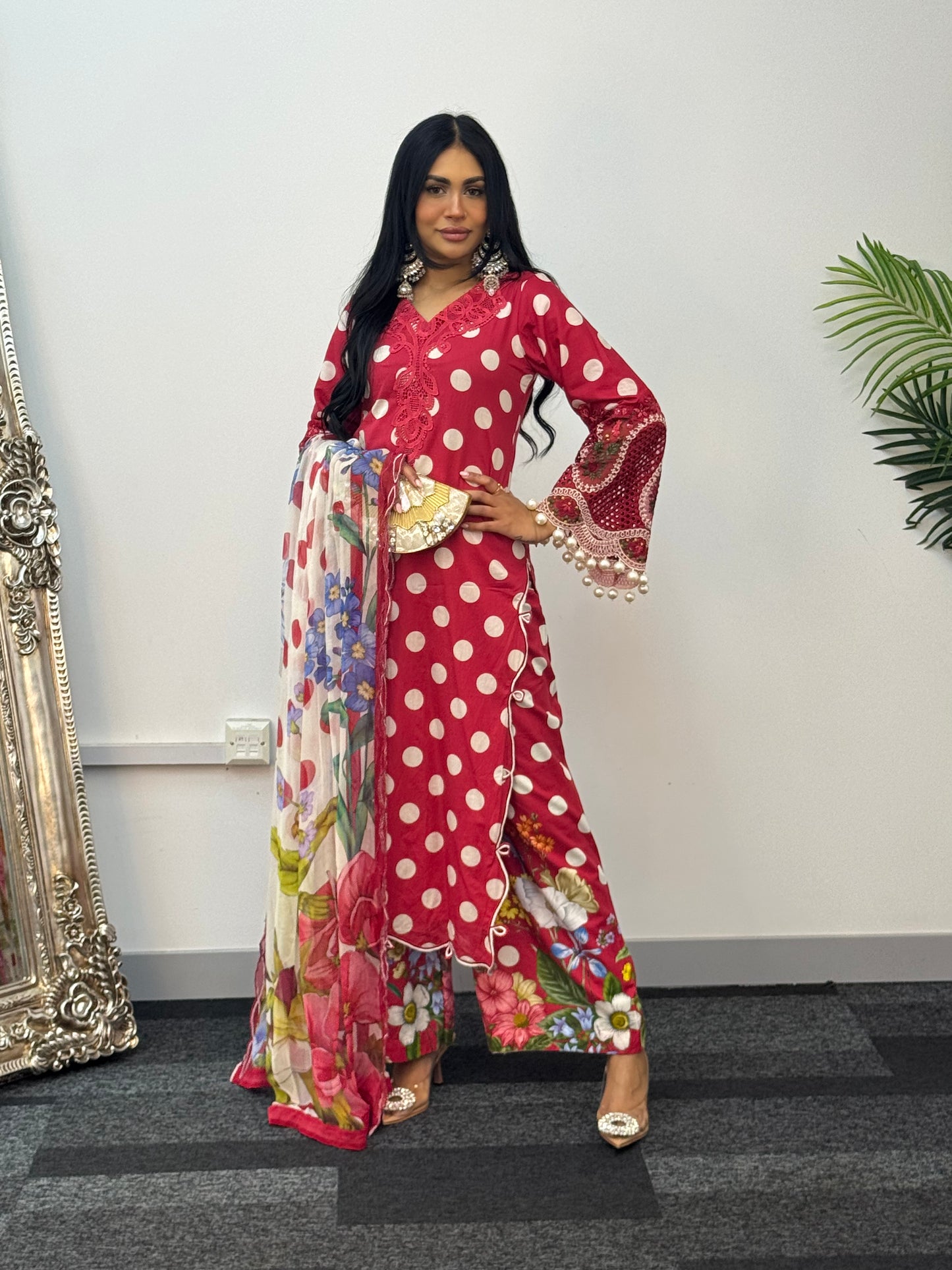 Maria B Lawn Mprints - Polka Dots - Red