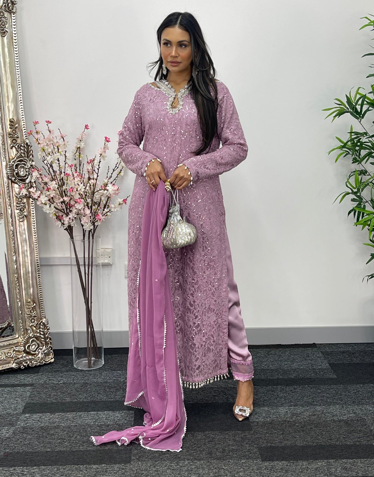 Chantilly Pink - Silver Party Wear - Sequined Net - V