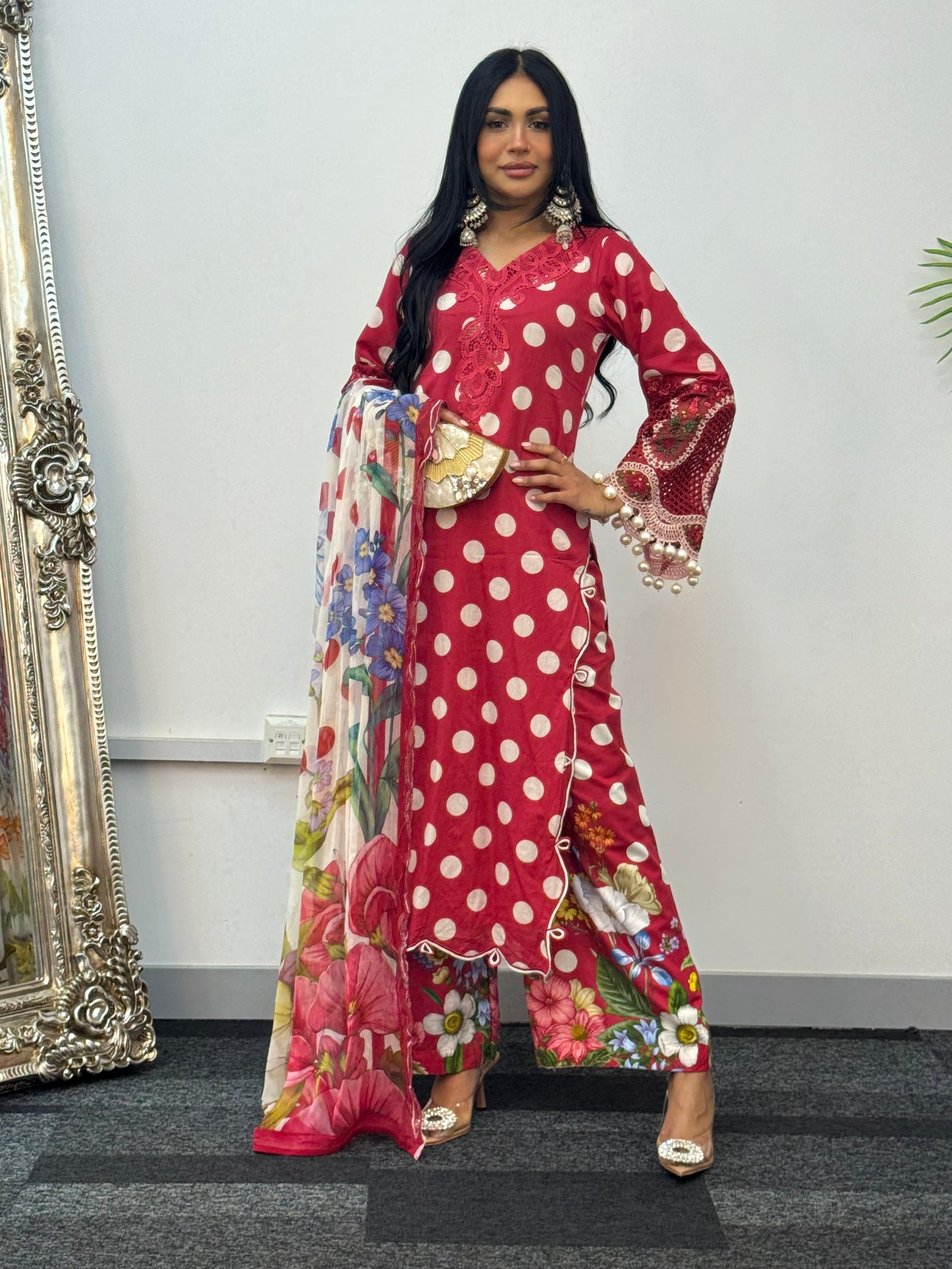 Maria B Lawn Mprints - Polka Dots - Red
