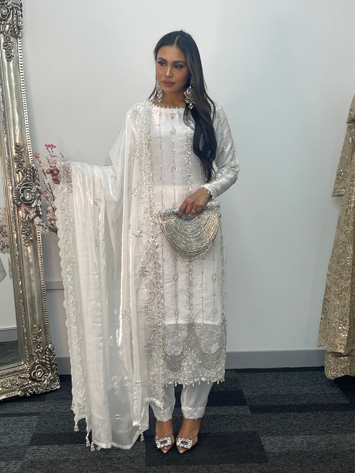 Tara - Korean Silk Cut Dana - Party Wear - CutWork - White - taara -