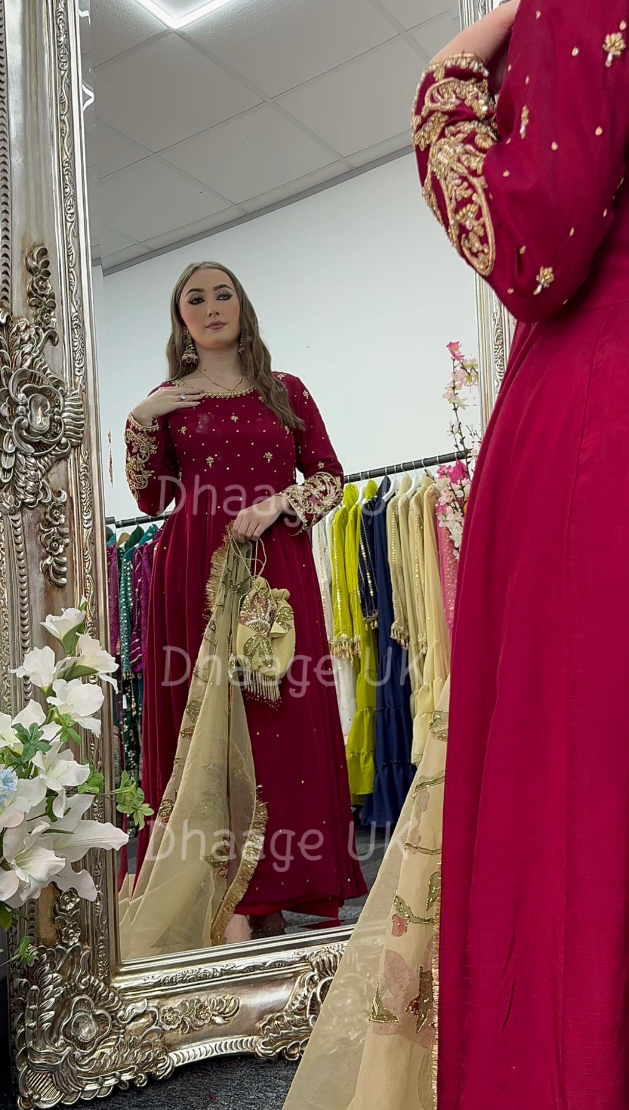 (Pre Order 3/4 Weeks) “GUL BANO” - Hand Painted Dupatta with Hand Work -Anarkali - Maroon Gold - Noor