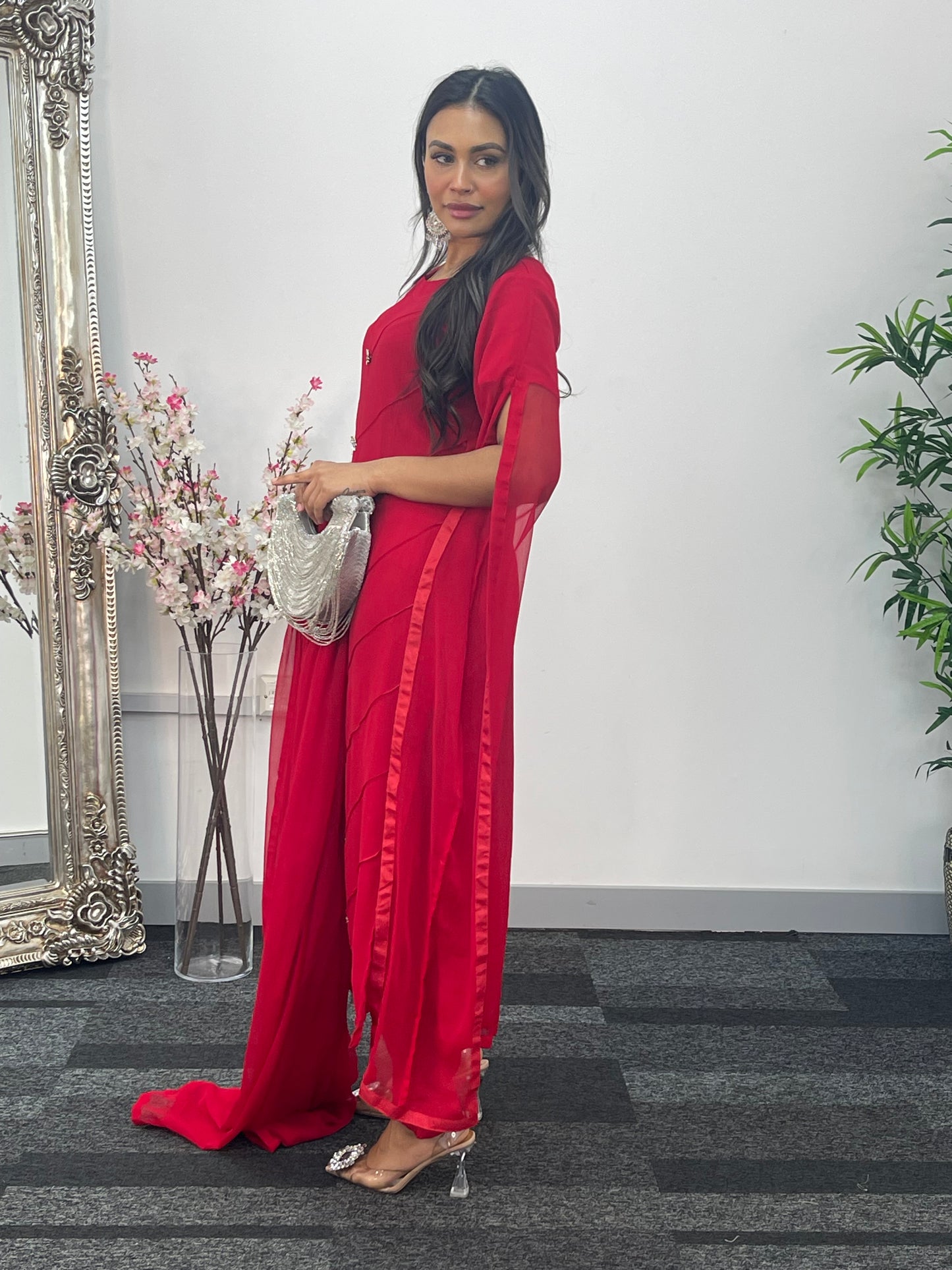 Red - Floor Length Sleeves - Chiffon Outfit - T