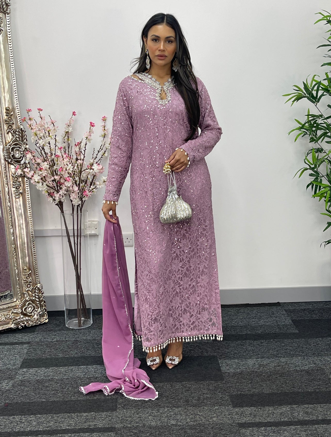 Chantilly Pink - Silver Party Wear - Sequined Net - V