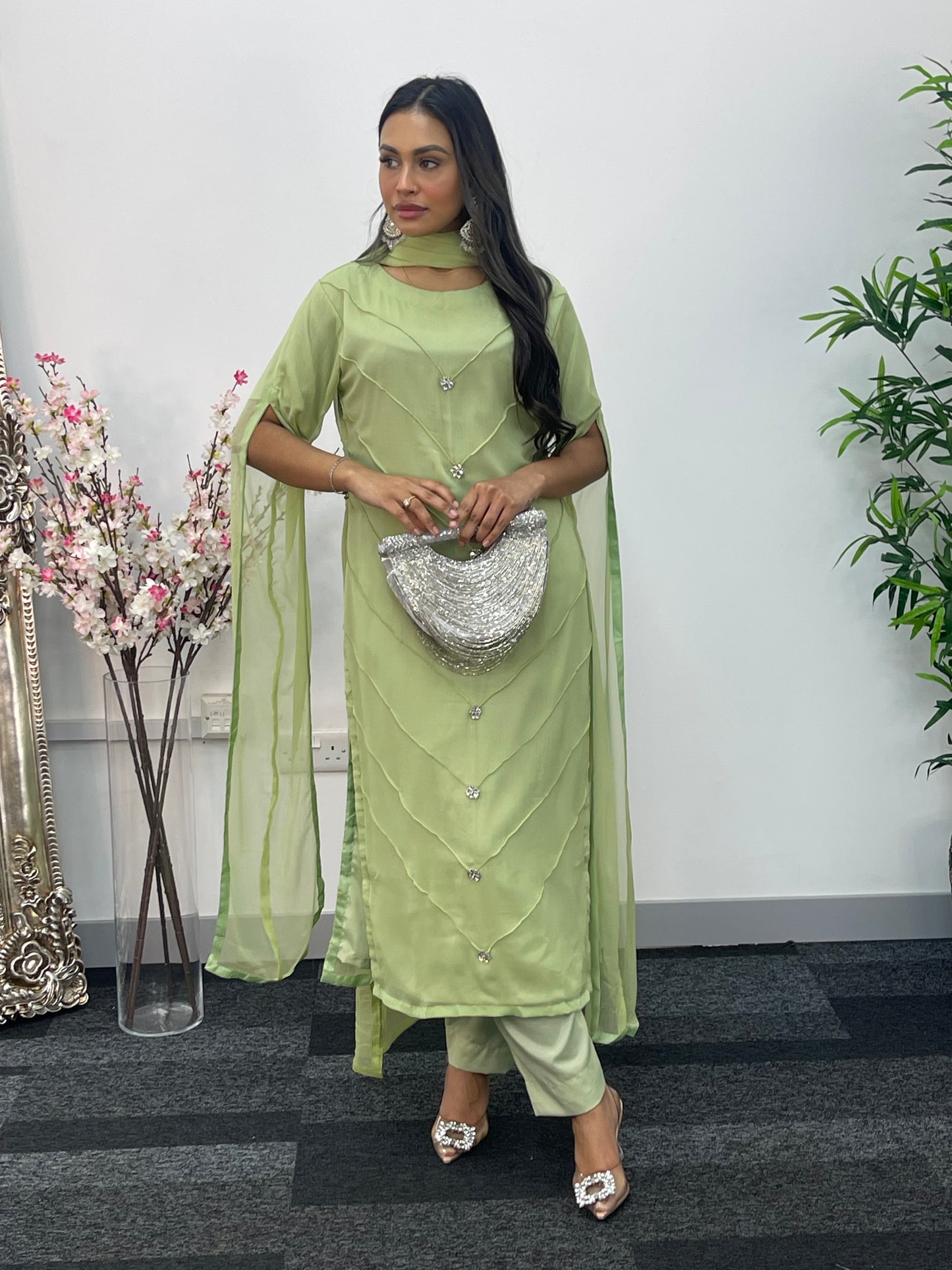 Green - Floor Length Sleeves - Chiffon Outfit - T