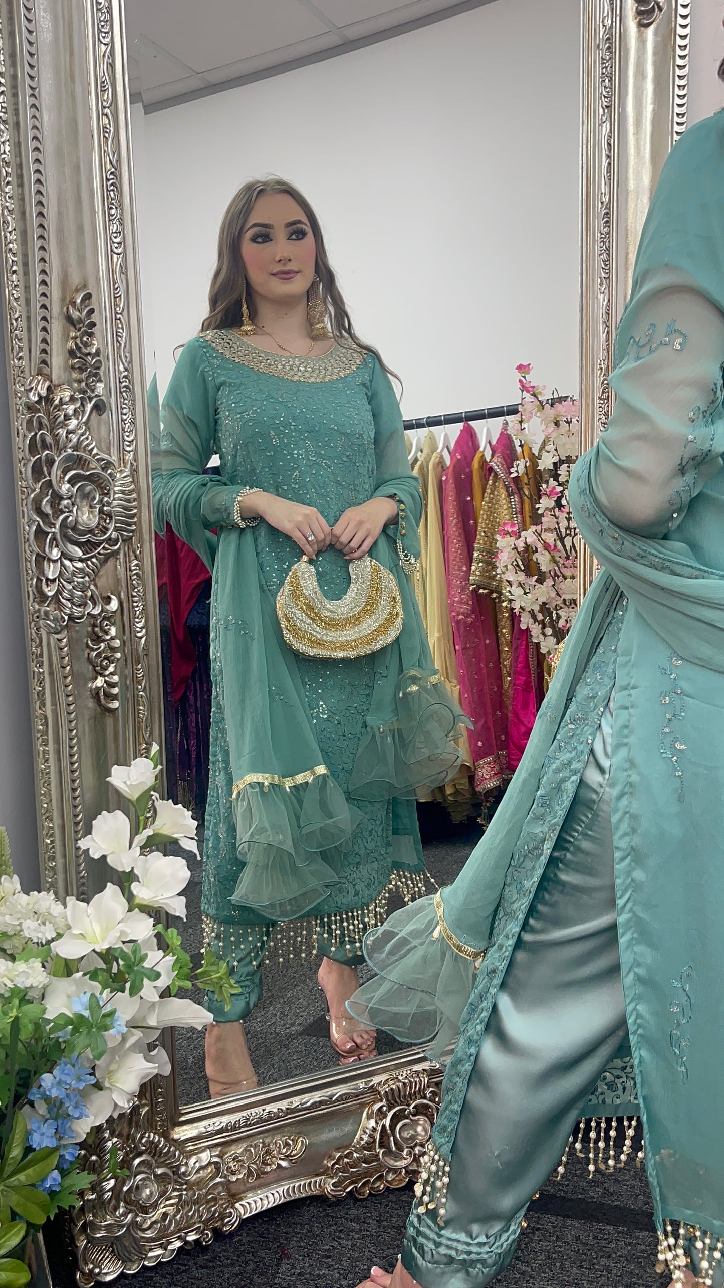 Chamkeeli -  Hand Work - Chiffon Party Wear - Egg Duck Blue