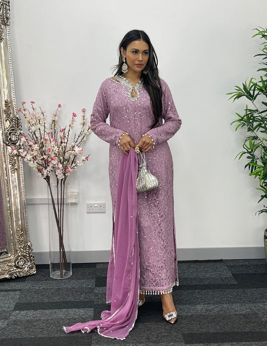 Chantilly Pink - Silver Party Wear - Sequined Net - V