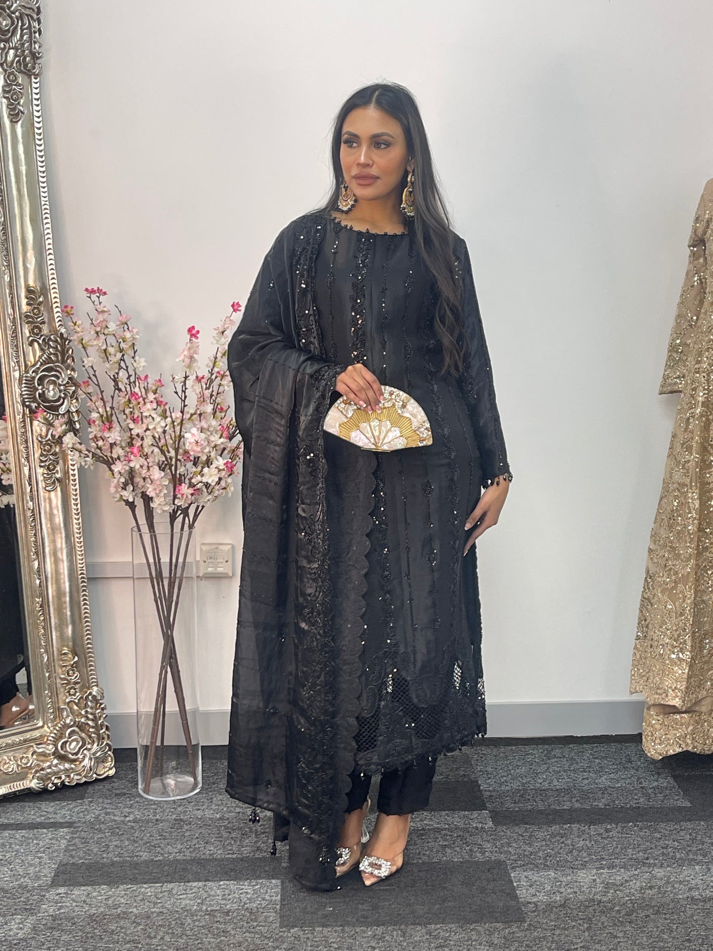 Tara - Korean Silk Cut Dana - Party Wear - CutWork - Black - taara