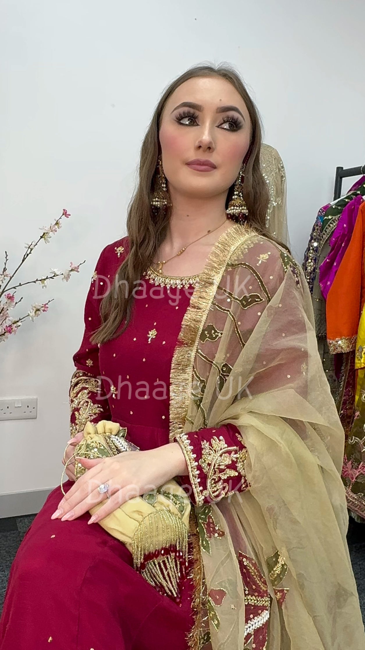 (Pre Order 3/4 Weeks) “GUL BANO” - Hand Painted Dupatta with Hand Work -Anarkali - Maroon Gold - Noor