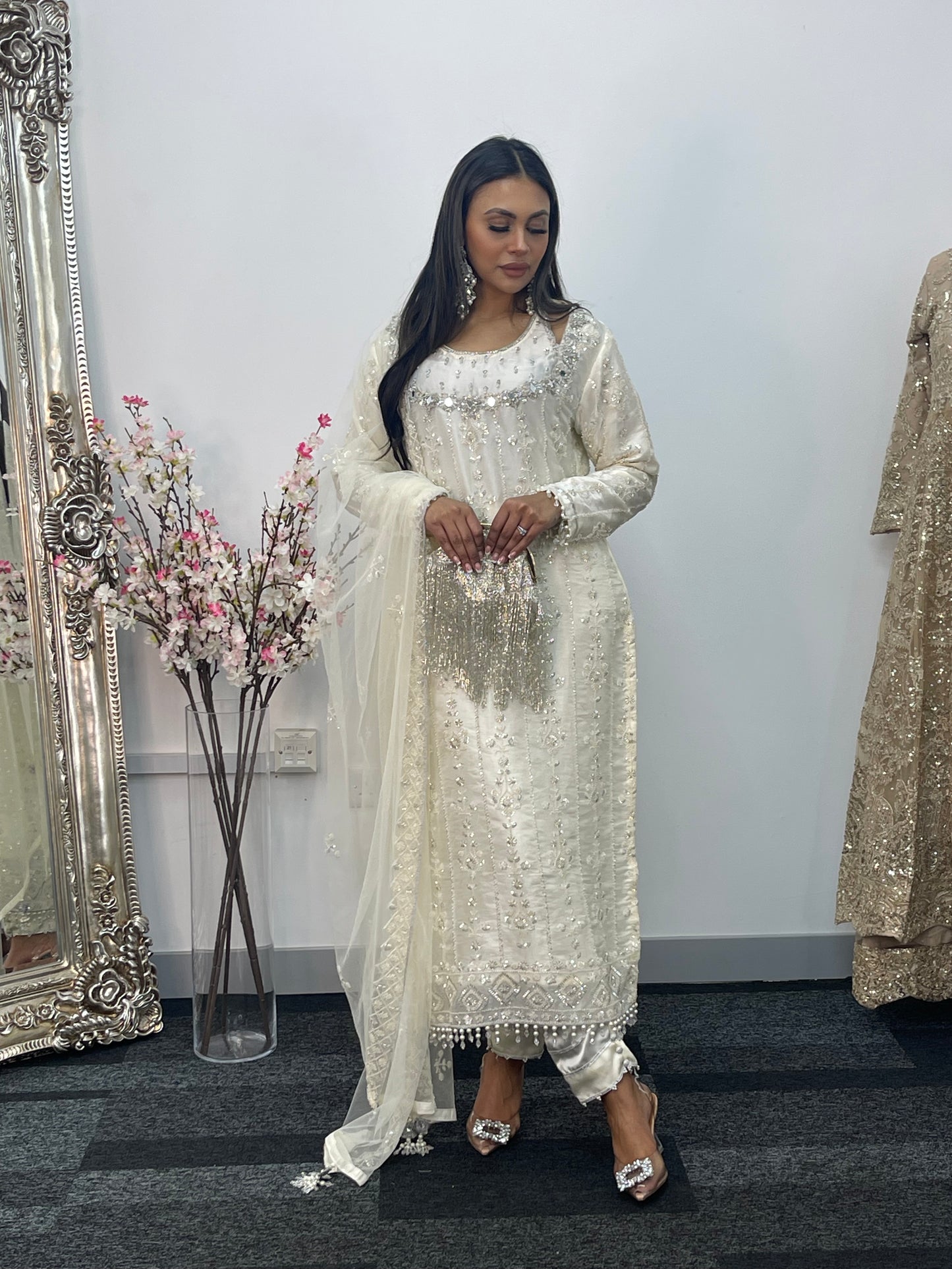 Ronaq- Korean Silk Cut Dana - Party Wear - White - Ivory -