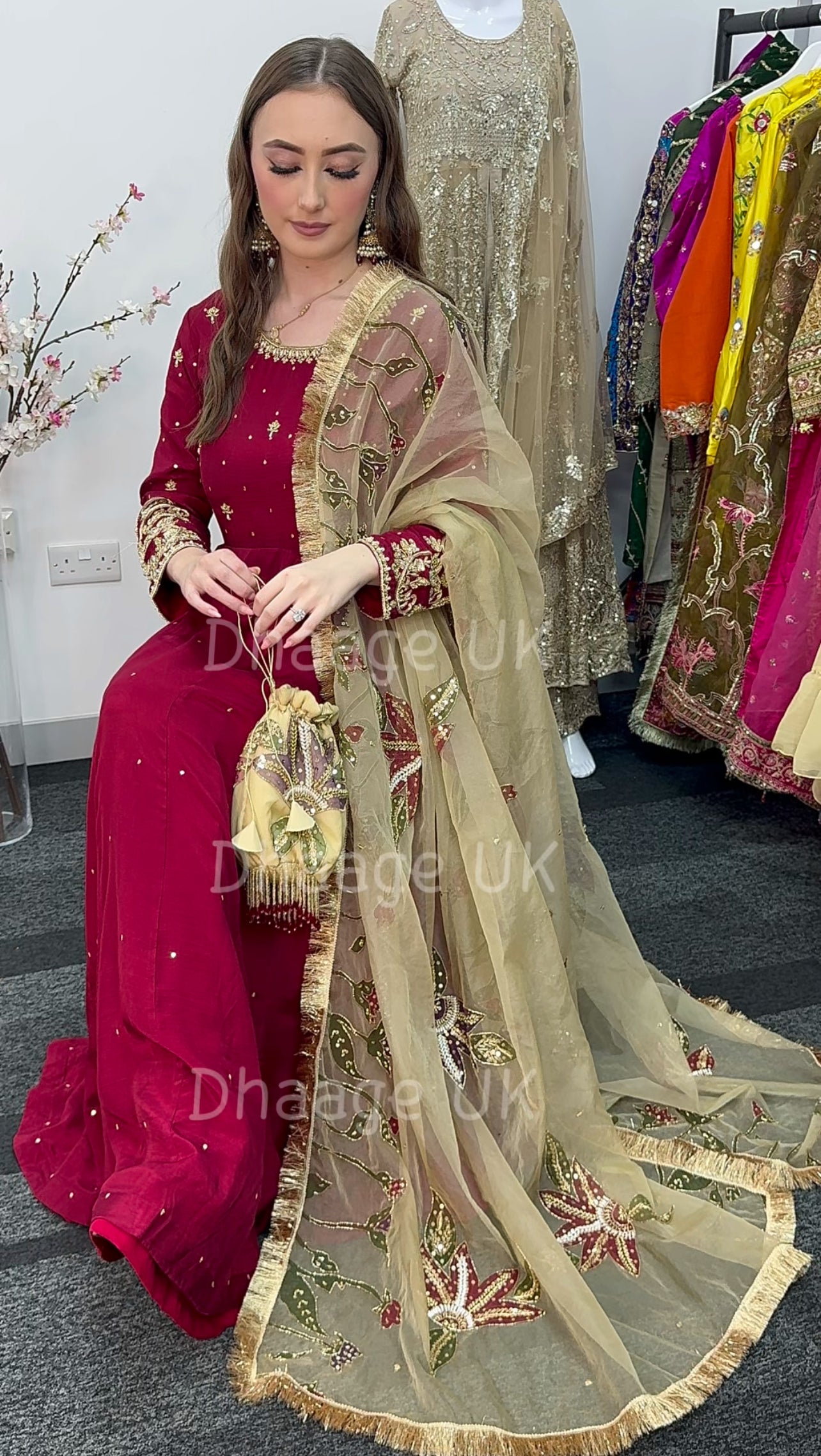 (Pre Order 3/4 Weeks) “GUL BANO” - Hand Painted Dupatta with Hand Work -Anarkali - Maroon Gold - Noor