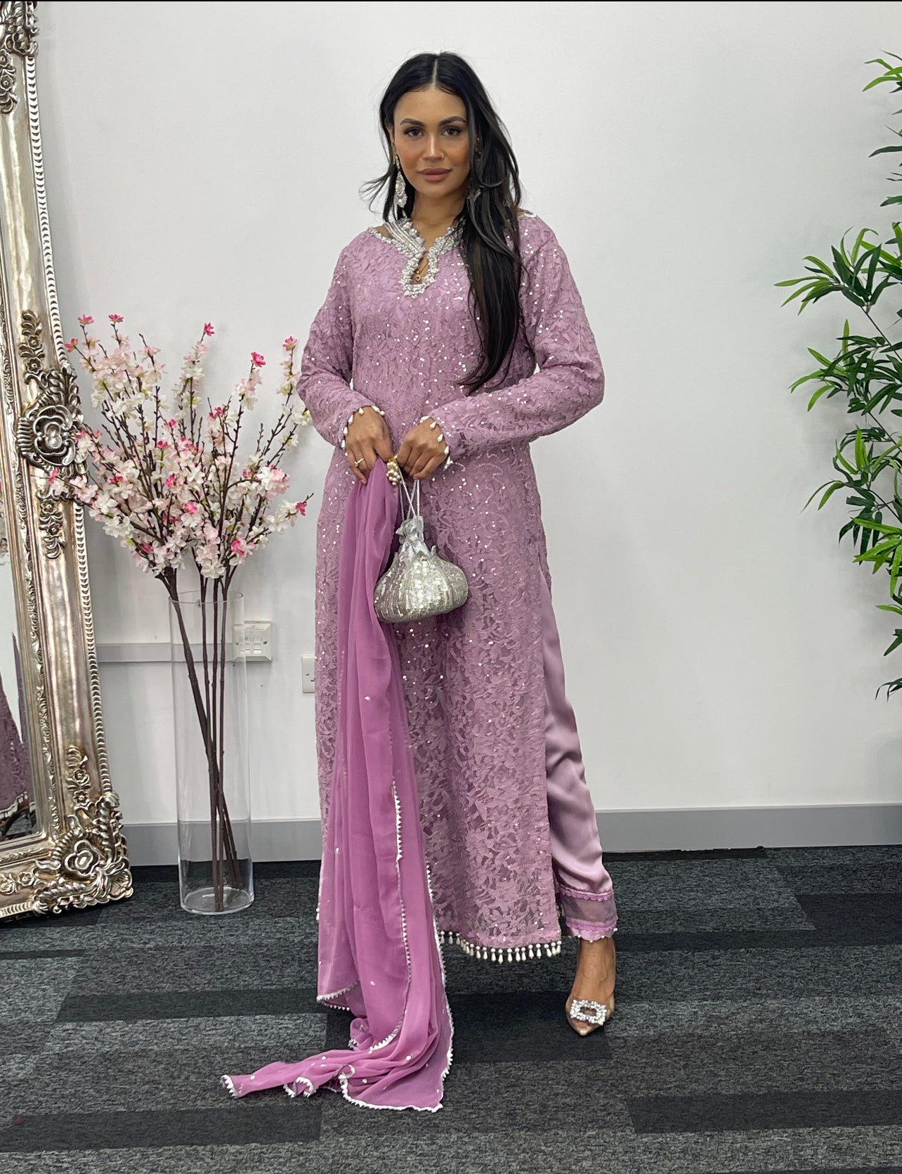 Chantilly Pink - Silver Party Wear - Sequined Net - V