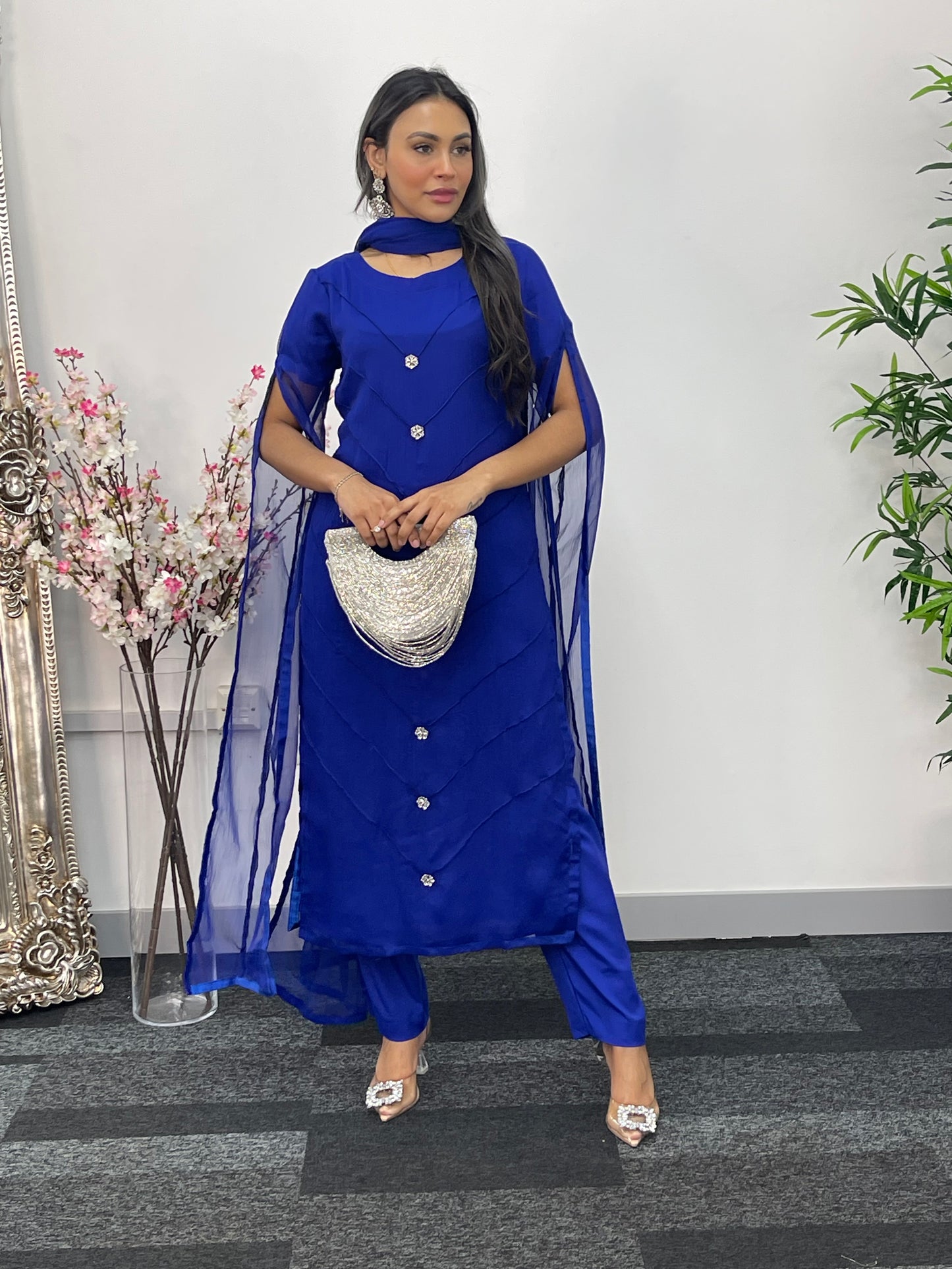 Blue - Floor Length Sleeves - Chiffon Outfit - T