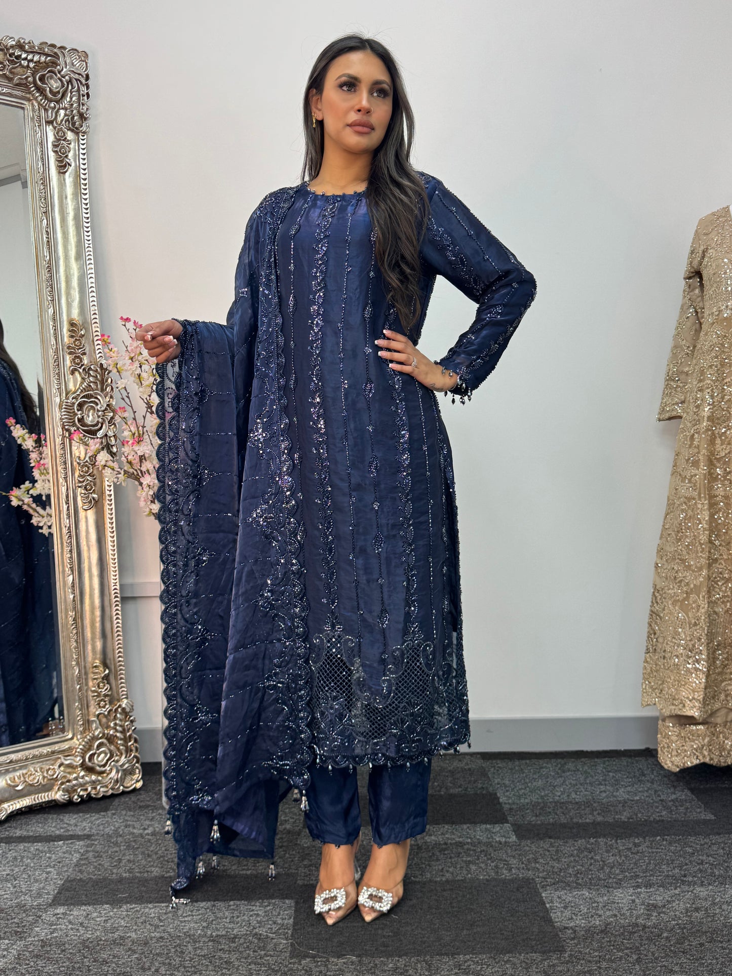 Tara - Korean Silk Cut Dana - Party Wear - CutWork - Navy Blue - taara