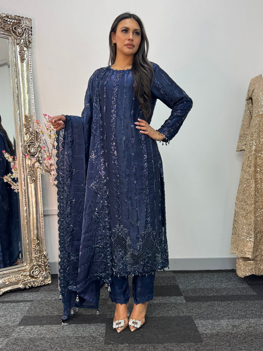 Tara - Korean Silk Cut Dana - Party Wear - CutWork - Navy Blue - taara