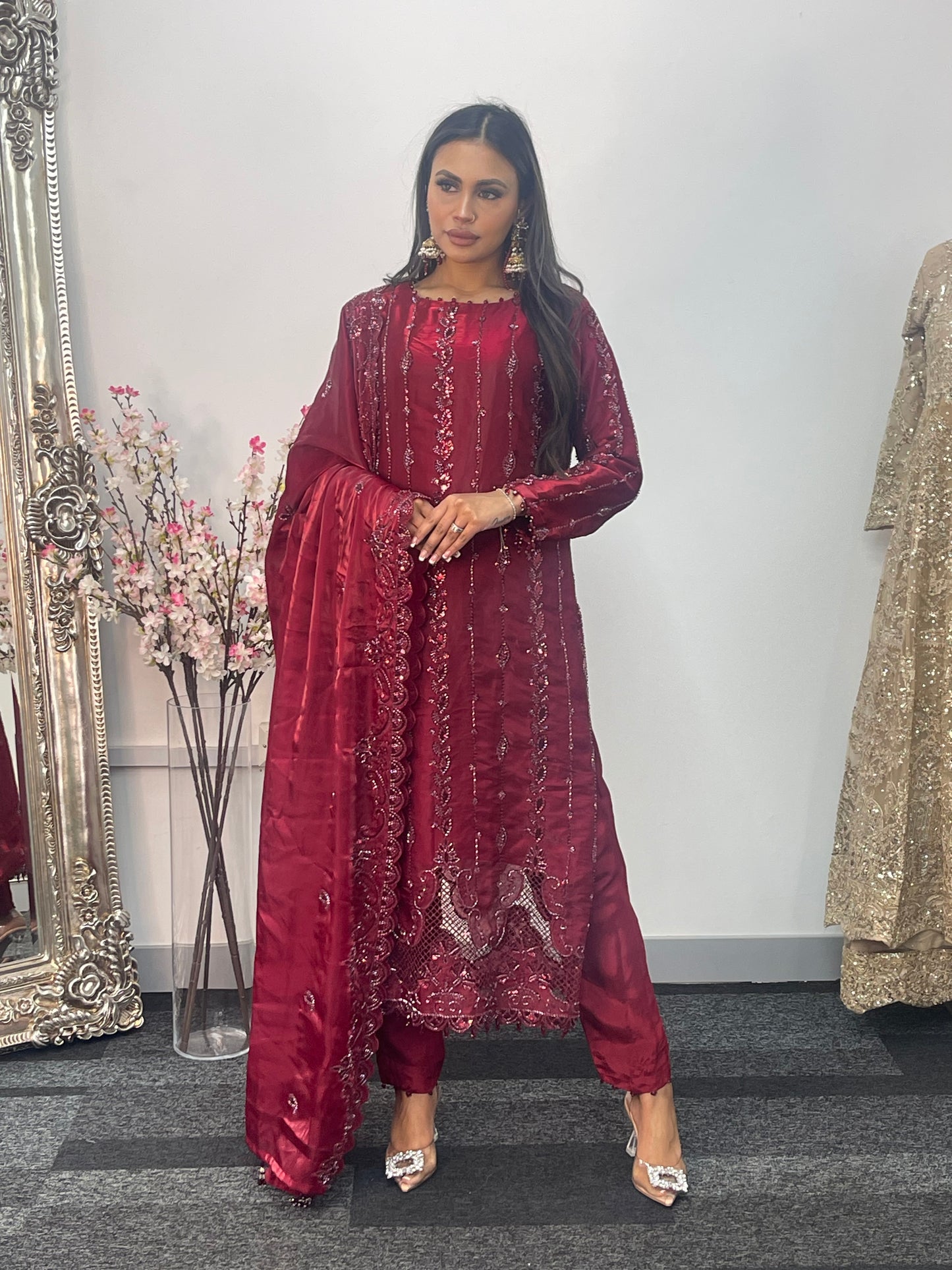 Tara - Korean Silk Cut Dana - Party Wear - CutWork - Maroon - taara