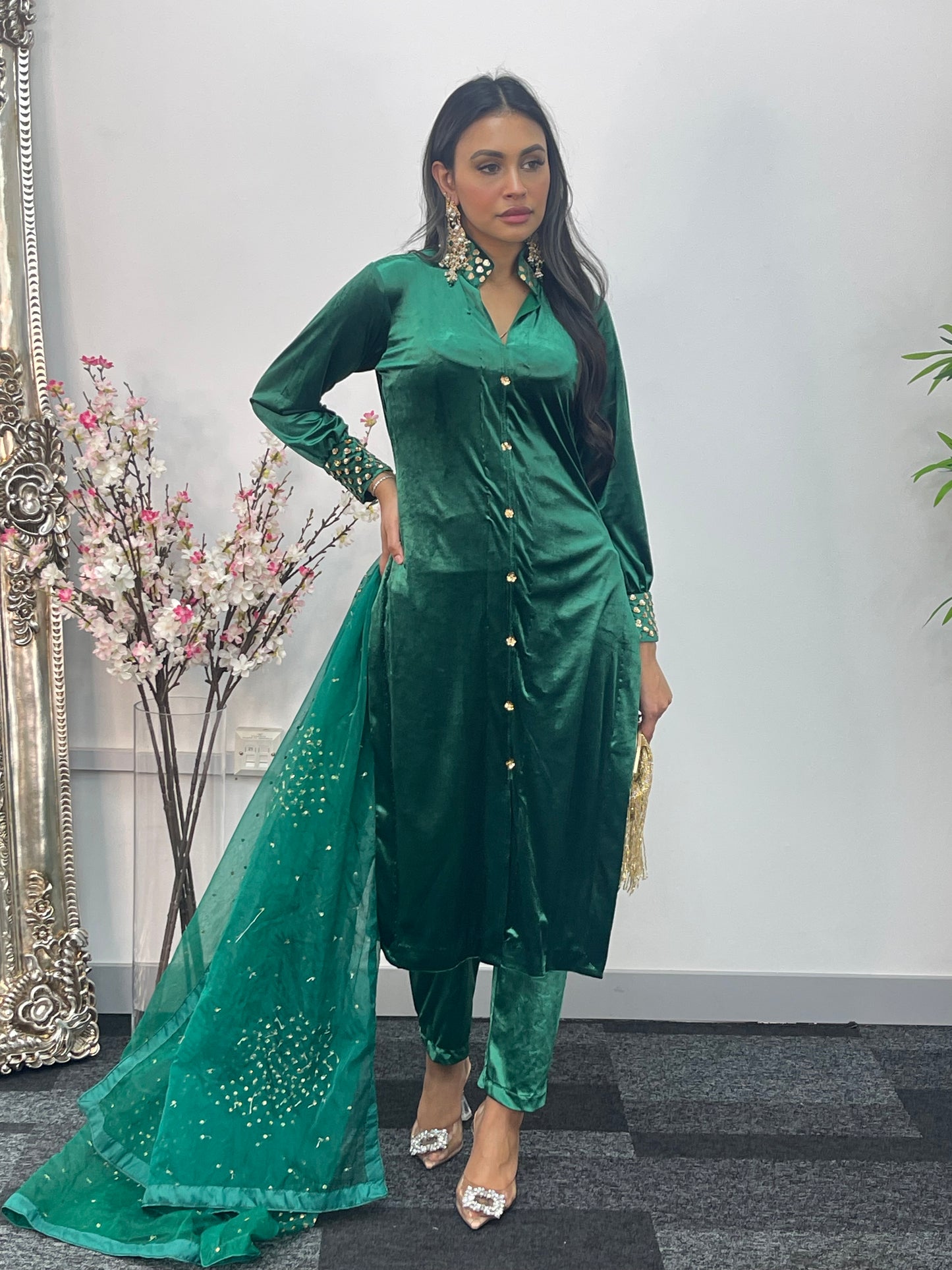 Sona l Green Silk Velvet - Party Outfit l AA