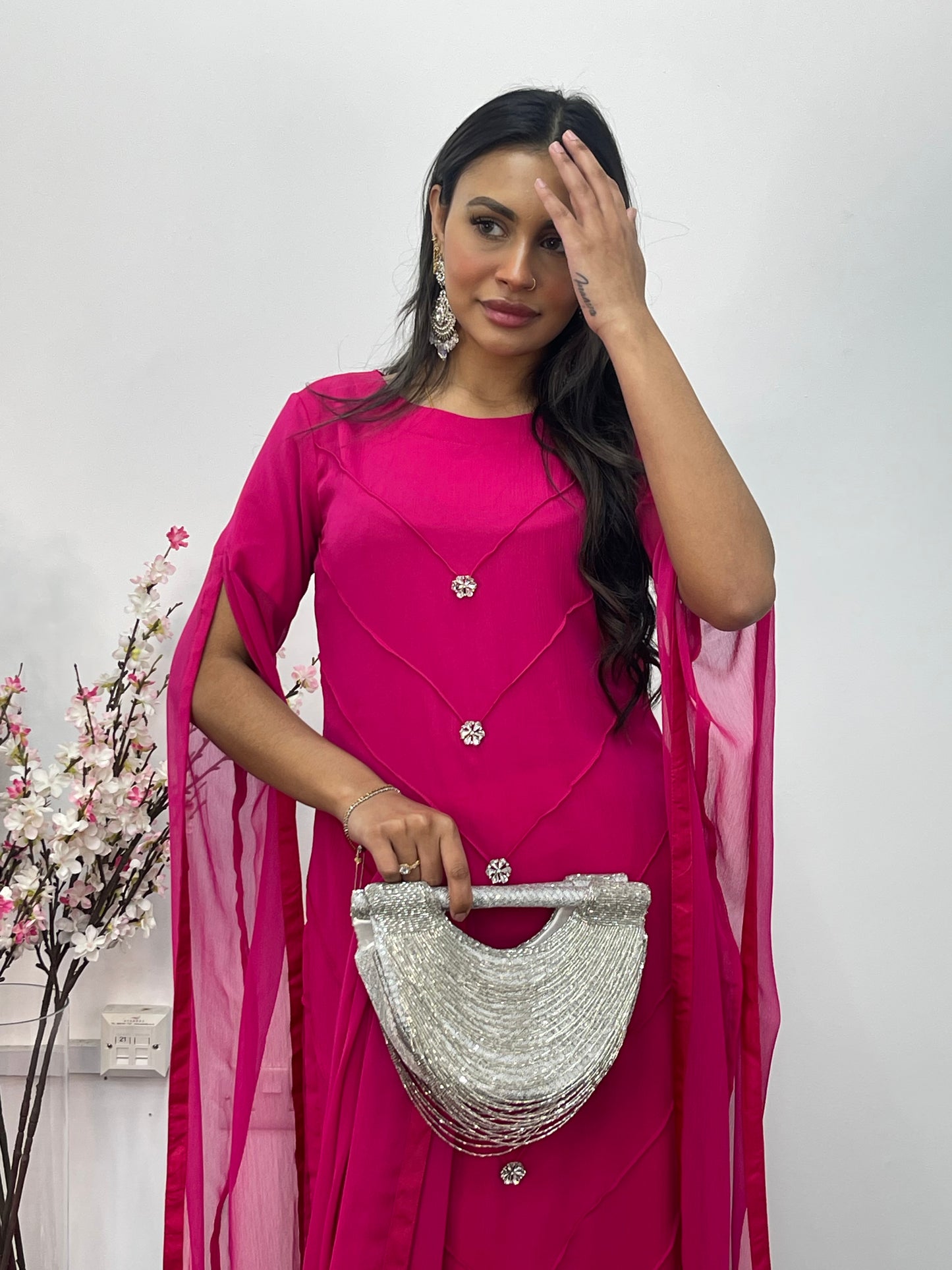 Hot Pink - Floor Length Sleeves - Chiffon Outfit - T