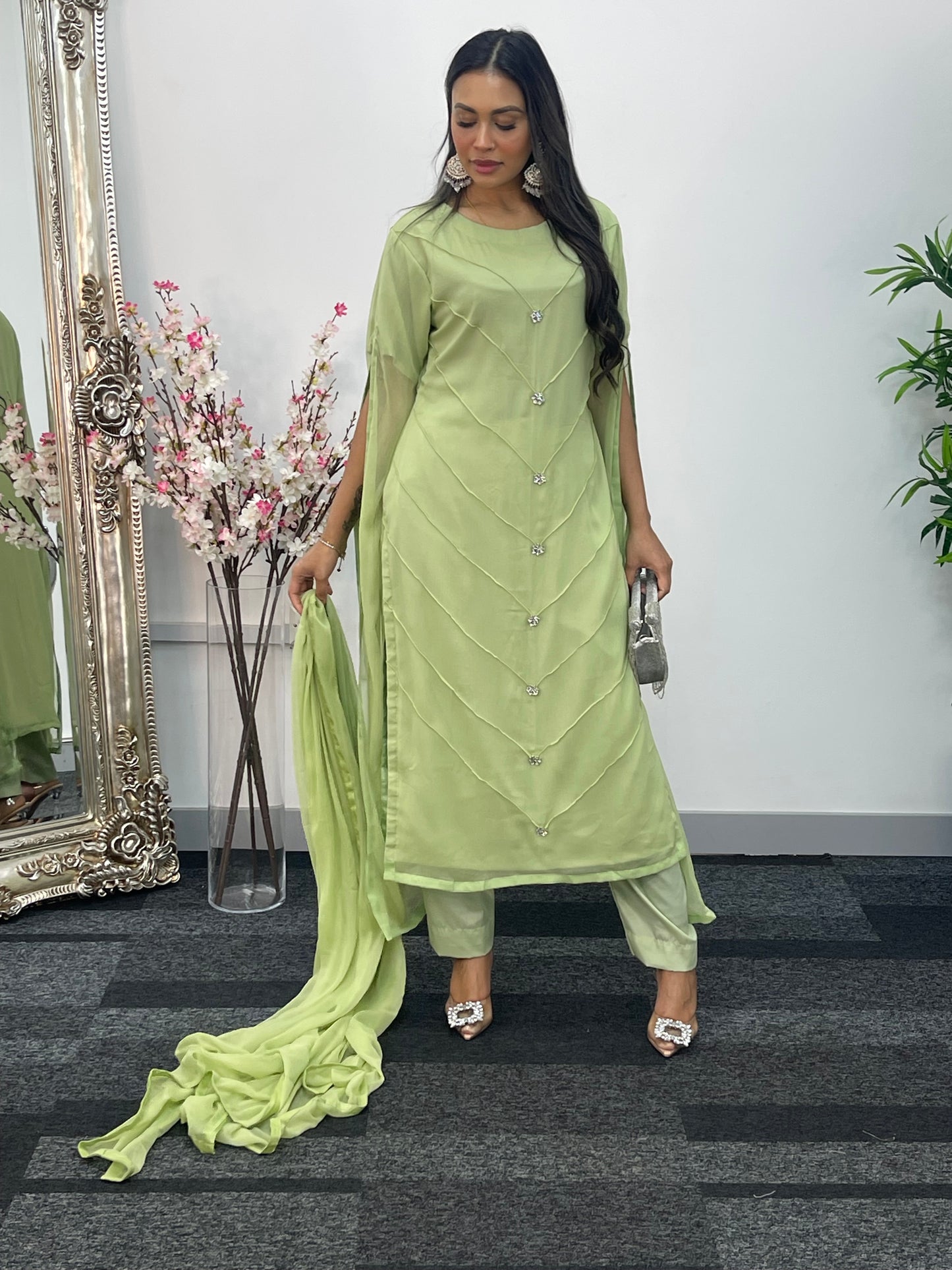 Green - Floor Length Sleeves - Chiffon Outfit - T