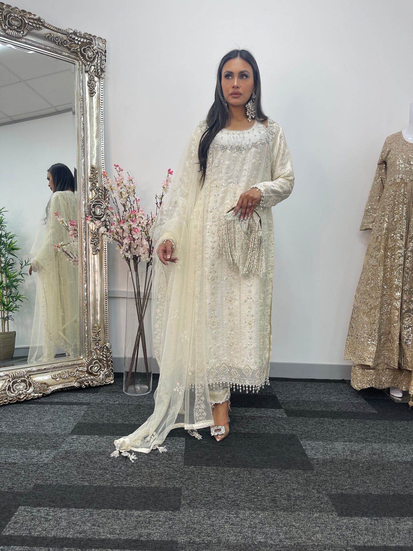 Ronaq- Korean Silk Cut Dana - Party Wear - White - Ivory -