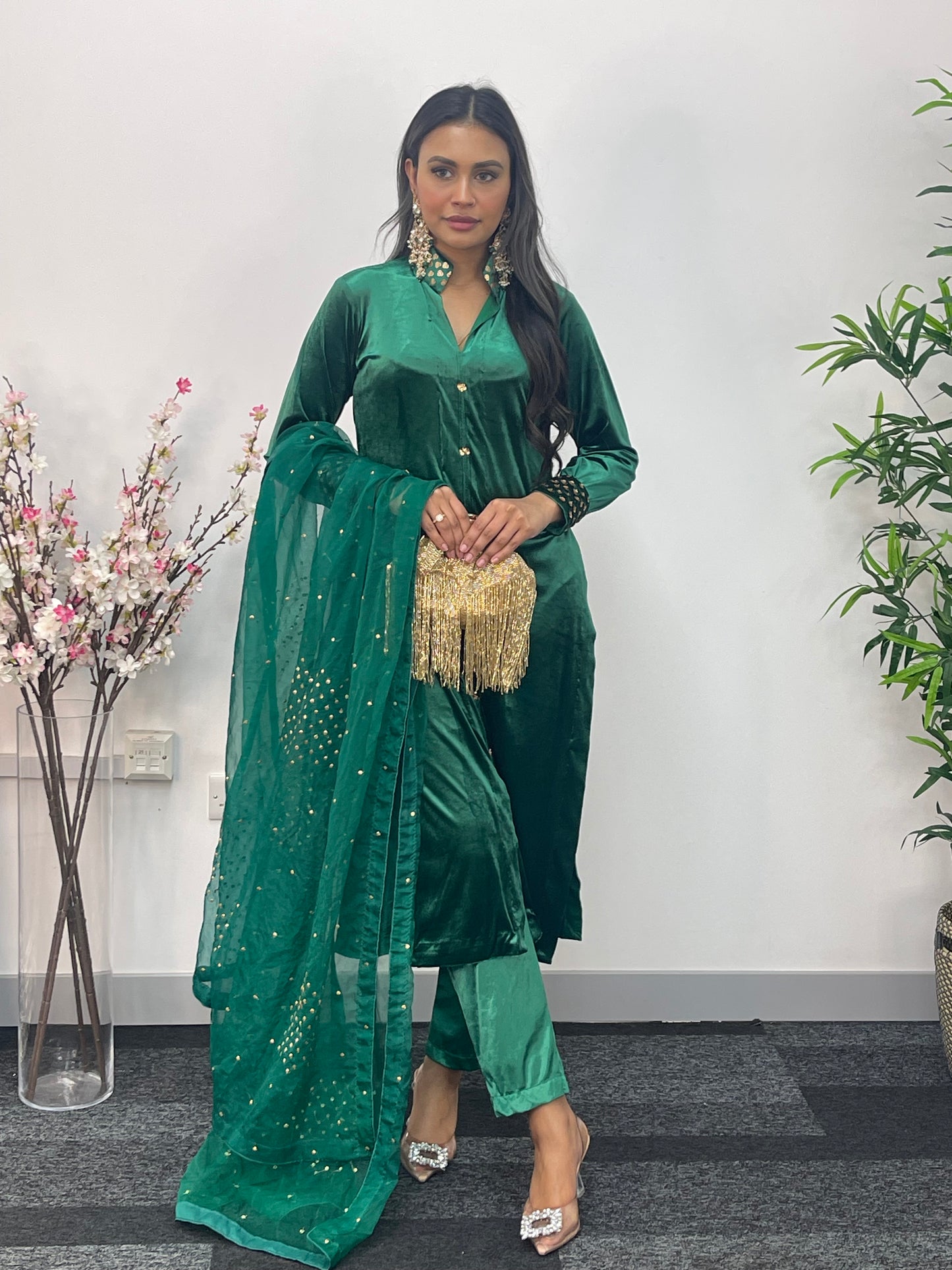 Sona l Green Silk Velvet - Party Outfit l AA