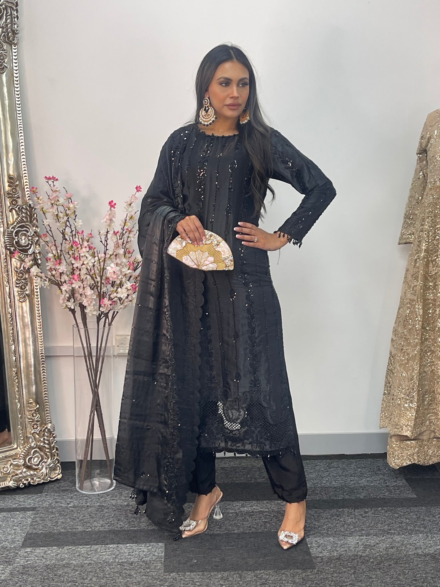 Tara - Korean Silk Cut Dana - Party Wear - CutWork - Black - taara