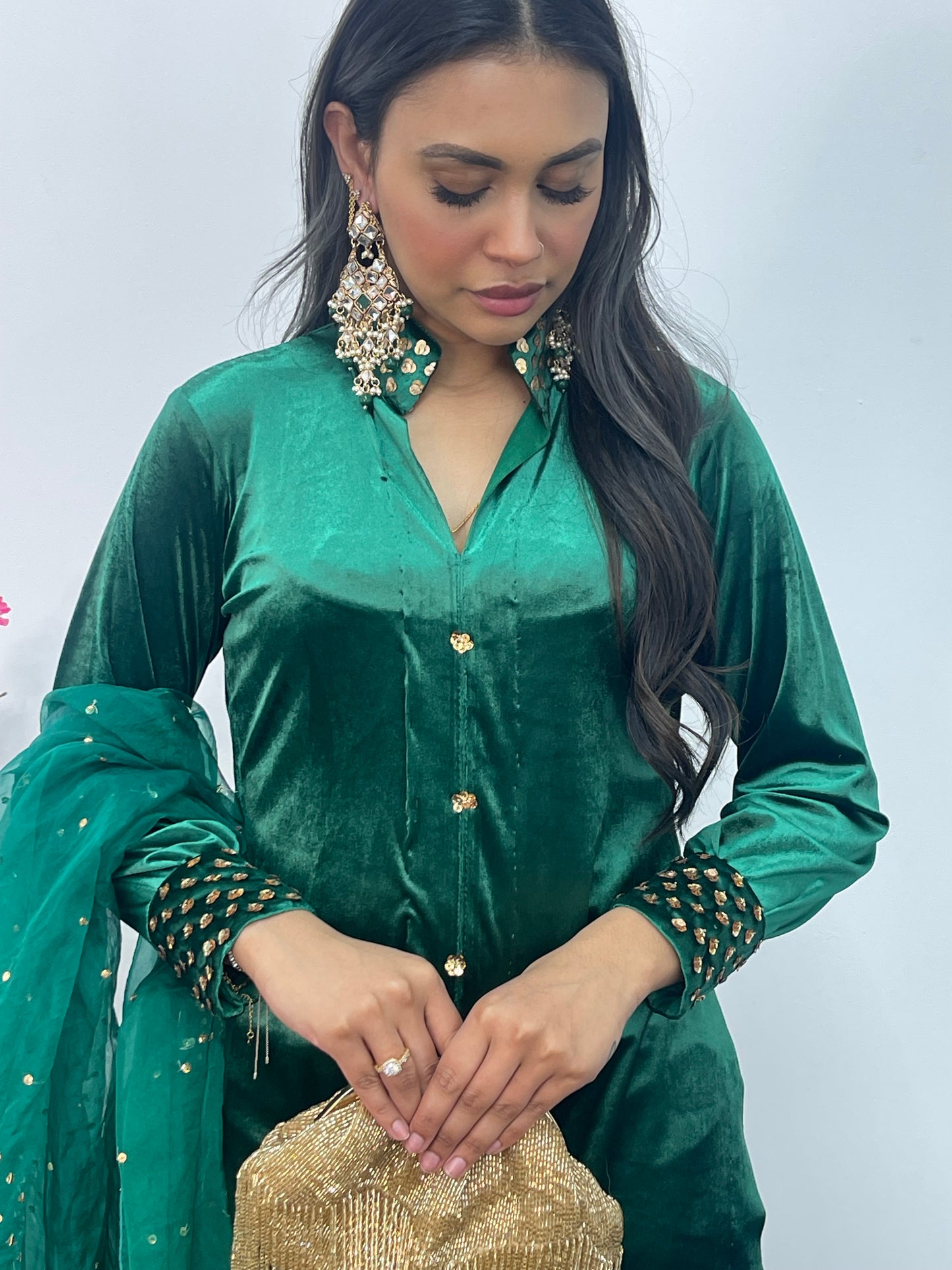 Sona l Green Silk Velvet - Party Outfit l AA