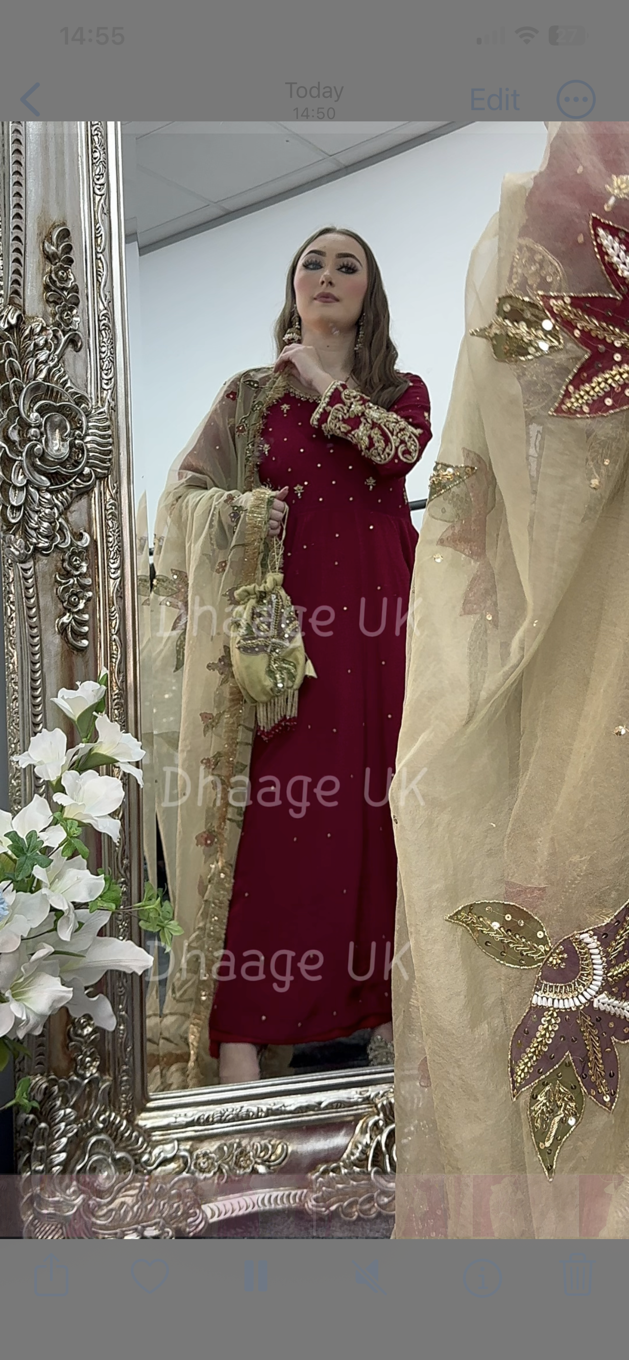 (Pre Order 3/4 Weeks) “GUL BANO” - Hand Painted Dupatta with Hand Work -Anarkali - Maroon Gold - Noor