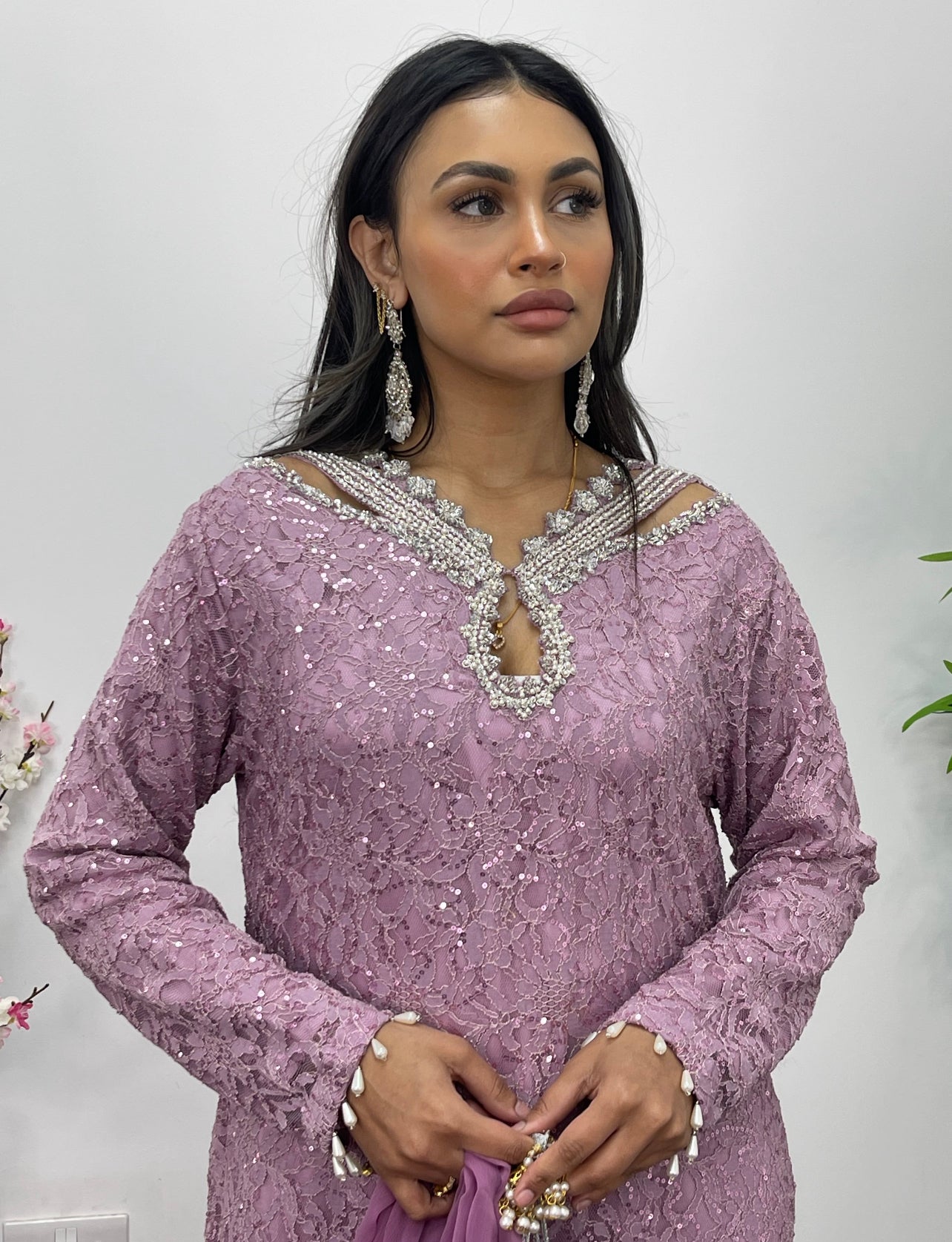 Chantilly Pink - Silver Party Wear - Sequined Net - V