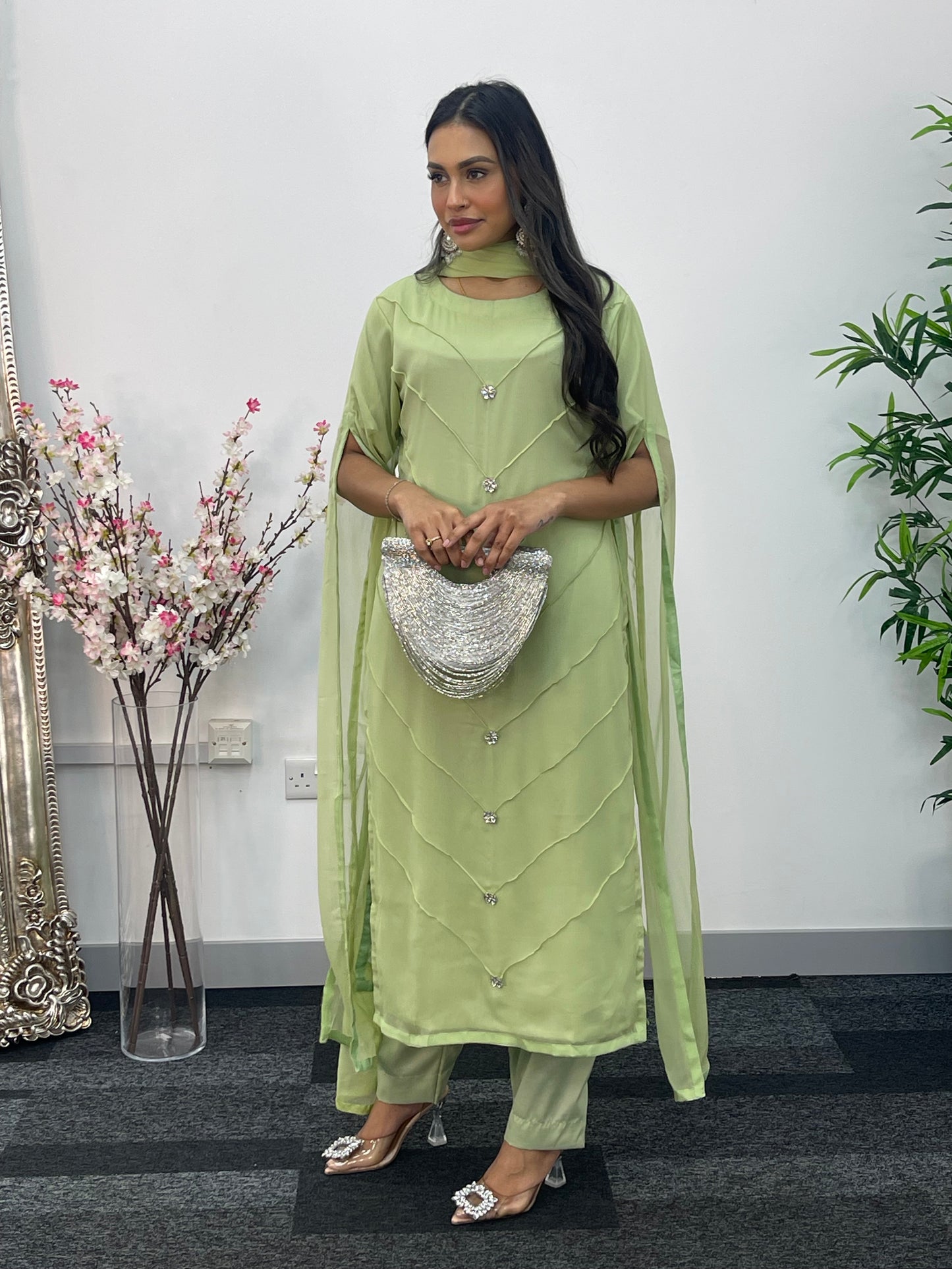 Green - Floor Length Sleeves - Chiffon Outfit - T