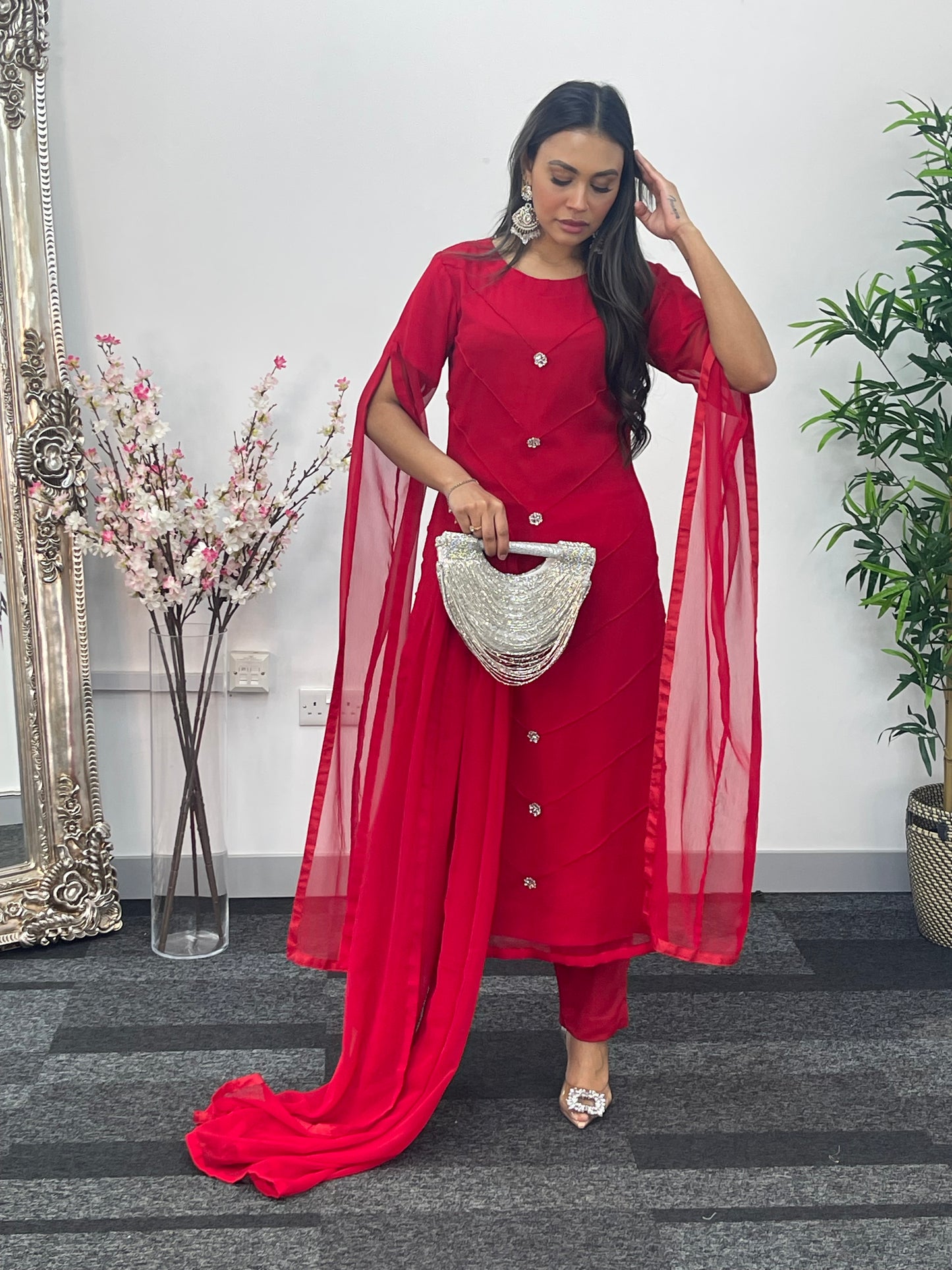 Red - Floor Length Sleeves - Chiffon Outfit - T