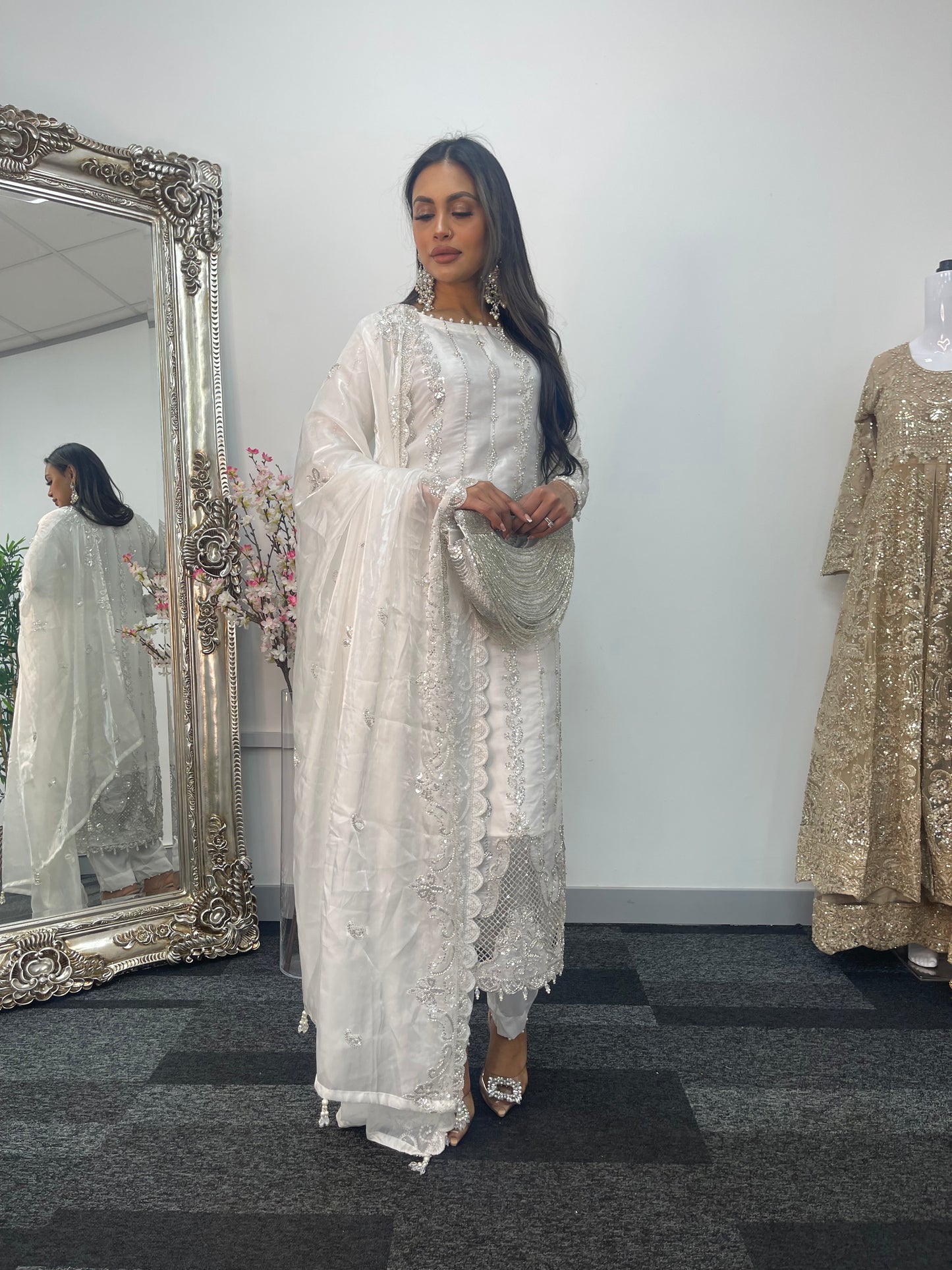 Tara - Korean Silk Cut Dana - Party Wear - CutWork - White - taara -